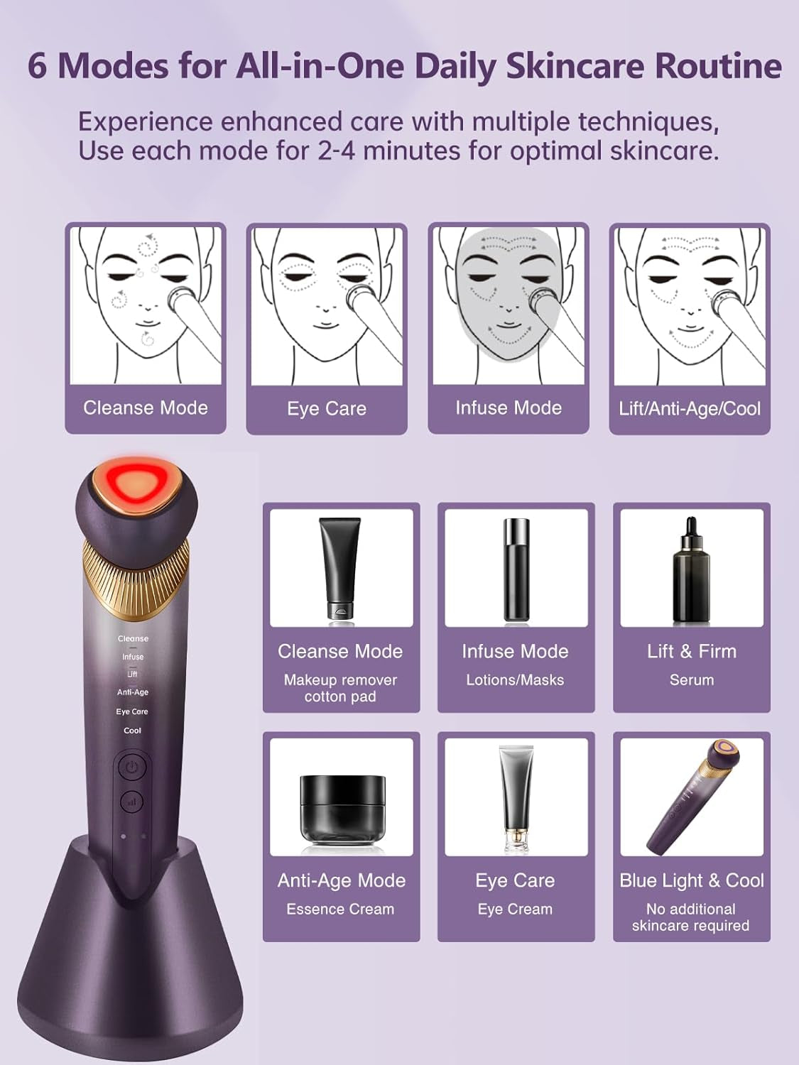 6-In-1 Age-Defying - Eye, Face & Neck Lift & Firm, 5-Color Light Therapy for Face with Microcurrent, Vibration, Heat & Cooling, Skin Care Tool for Youthful & Tightening Skin (Purple)