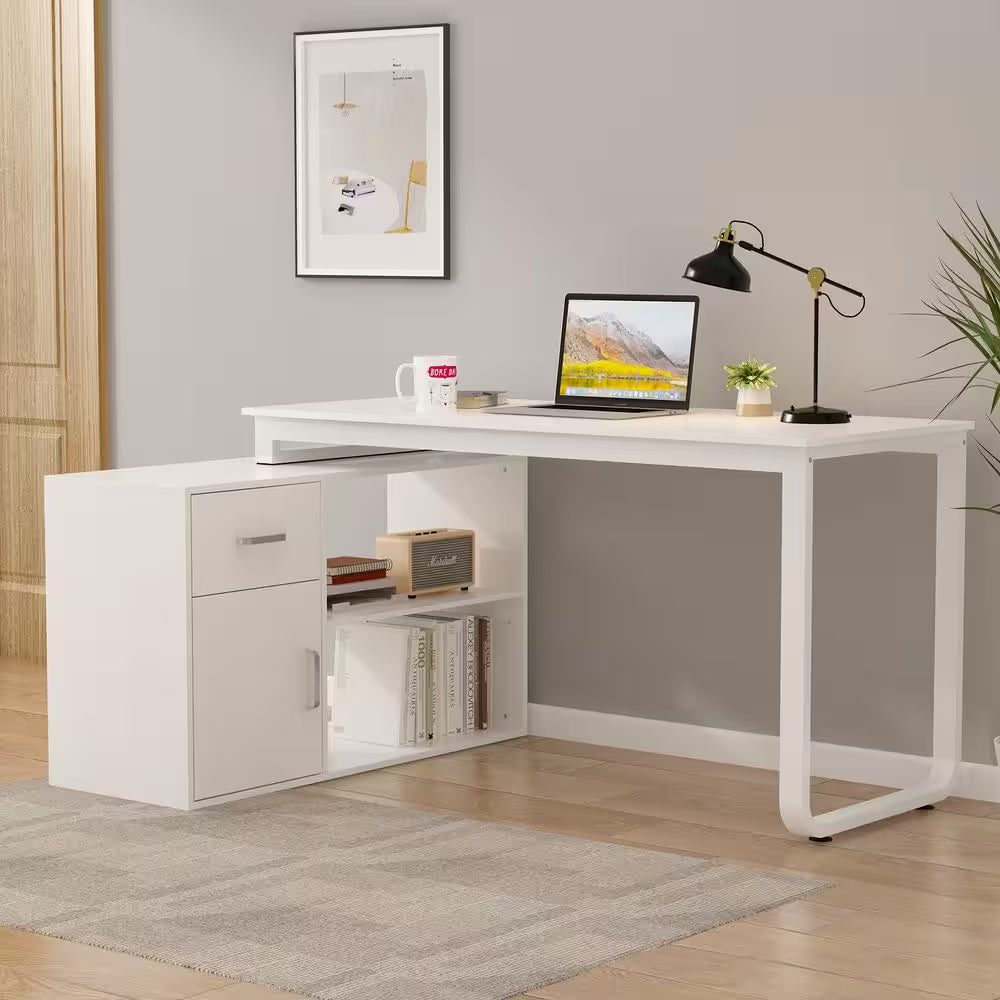 55.1" W : L-Shaped White Finish 1-Drawer Wooden Commercial Writing Desk with Open Shelves and Eco-Friendly Paint Finish