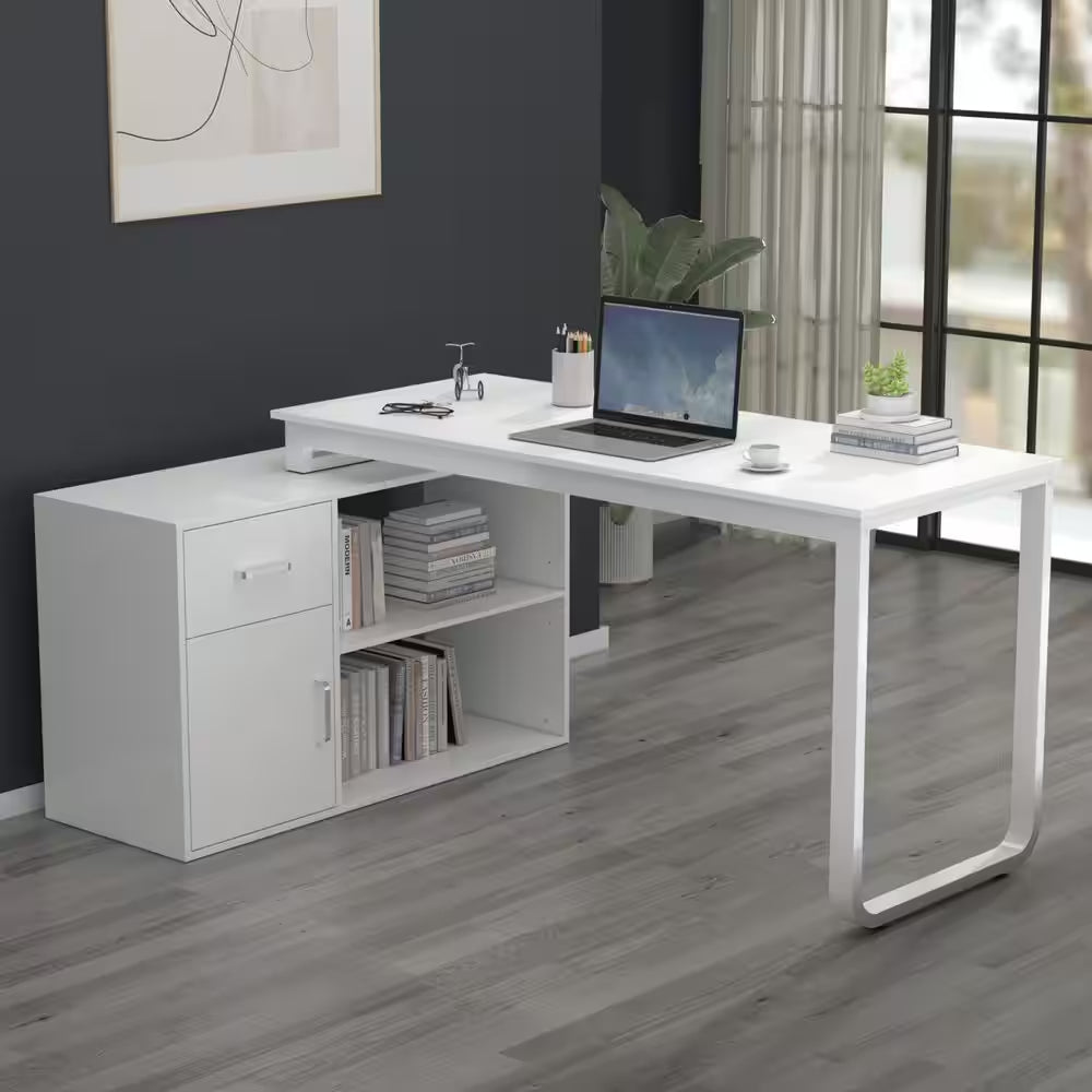 55.1" W : L-Shaped White Finish 1-Drawer Wooden Commercial Writing Desk with Open Shelves and Eco-Friendly Paint Finish