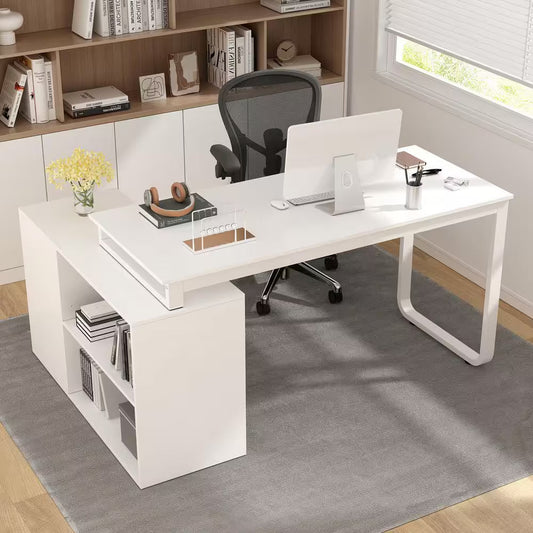 55.1" W : L-Shaped White Finish 1-Drawer Wooden Commercial Writing Desk with Open Shelves and Eco-Friendly Paint Finish