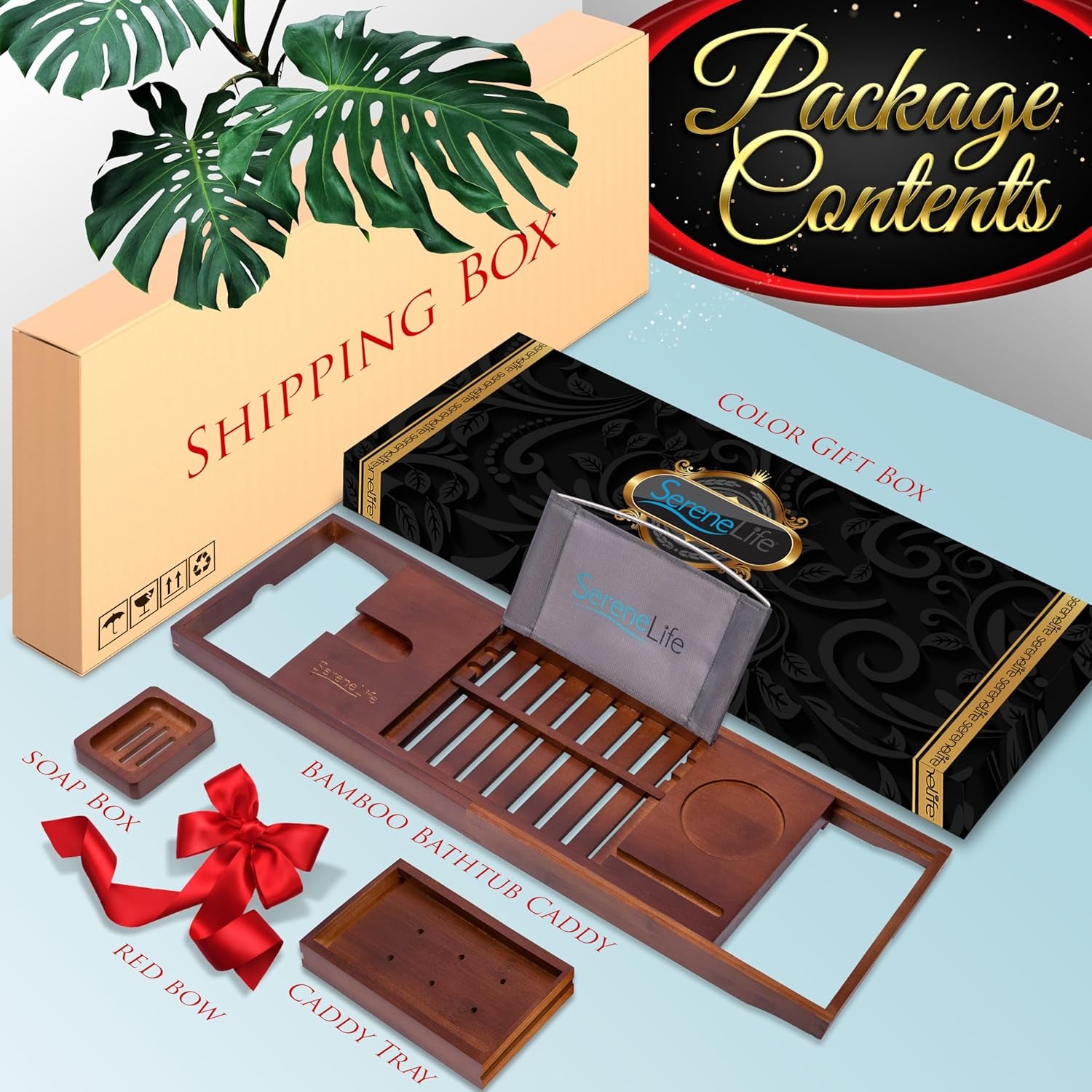 Serenelife Natural Bamboo Bathtub Caddy - Extendable & Adjustable Tray, Ergonomically Designed with Integrated Device/Book Holder with Removable Trays for Bath Accessories (Brown)