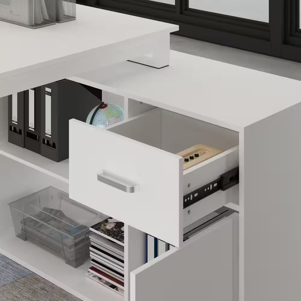 55.1" W : L-Shaped White Finish 1-Drawer Wooden Commercial Writing Desk with Open Shelves and Eco-Friendly Paint Finish