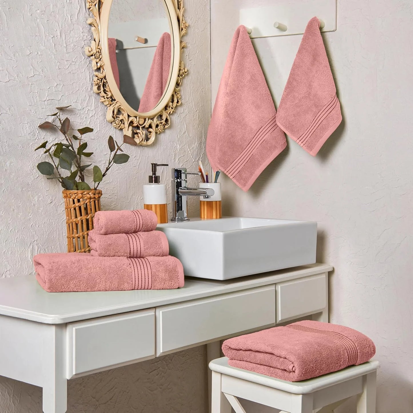 Holiday Gift Cotton 6-Piece Towel Set, Includes 2 Washcloths, 2 Hand Towels and 2 Bath Towels, 100% Turkish Cotton - Highly Absorbent and Super Soft Towels for Bathroom, Dusty Rose
