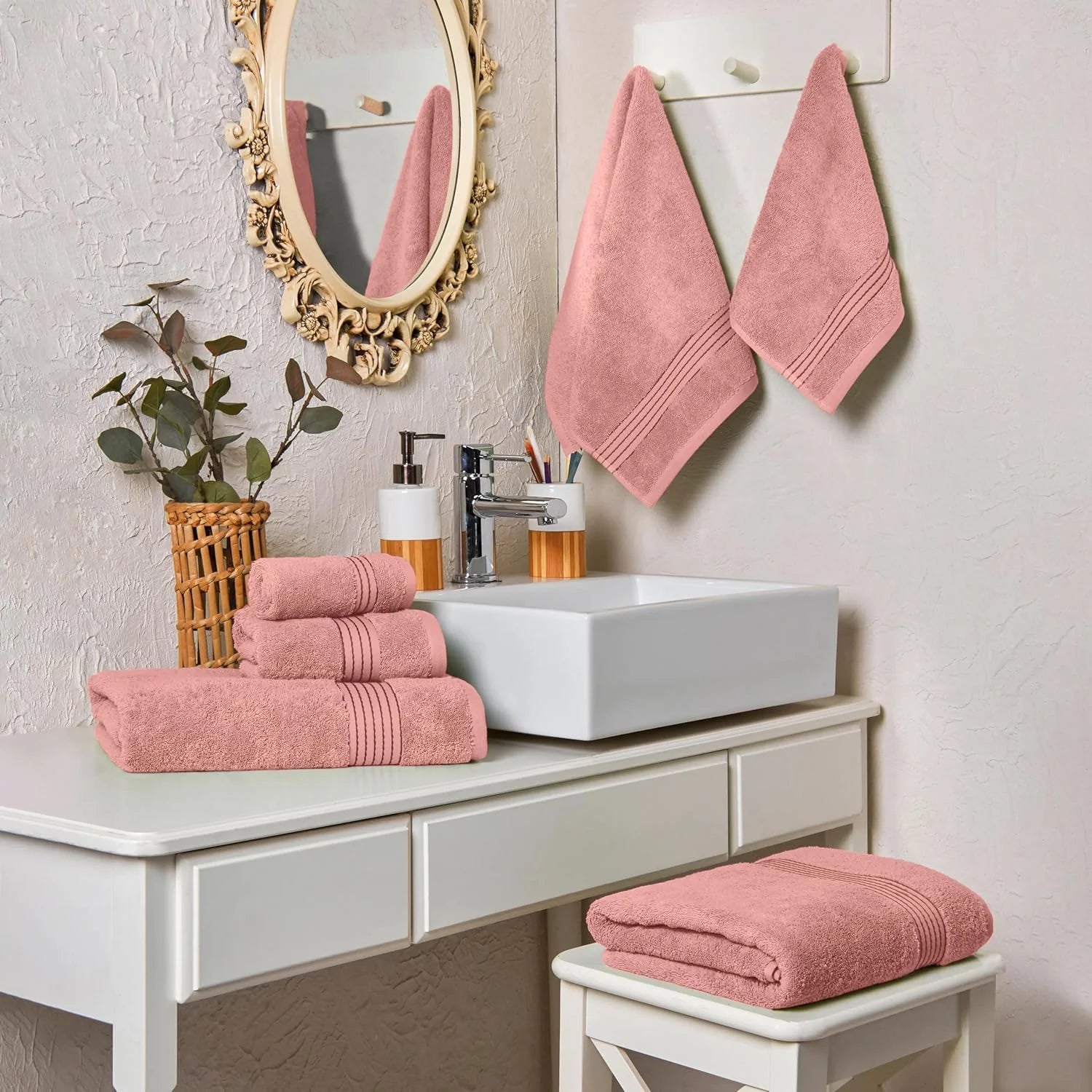 Holiday Gift Cotton 6-Piece Towel Set, Includes 2 Washcloths, 2 Hand Towels and 2 Bath Towels, 100% Turkish Cotton - Highly Absorbent and Super Soft Towels for Bathroom, Dusty Rose