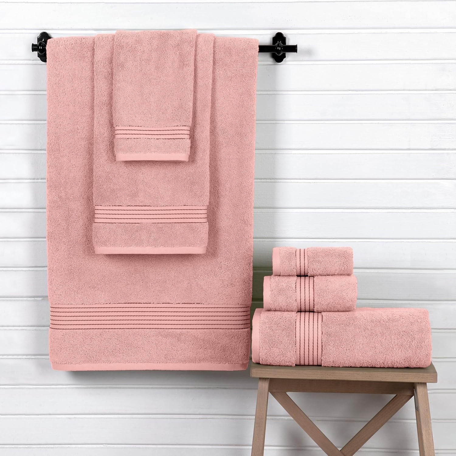 Holiday Gift Cotton 6-Piece Towel Set, Includes 2 Washcloths, 2 Hand Towels and 2 Bath Towels, 100% Turkish Cotton - Highly Absorbent and Super Soft Towels for Bathroom, Dusty Rose