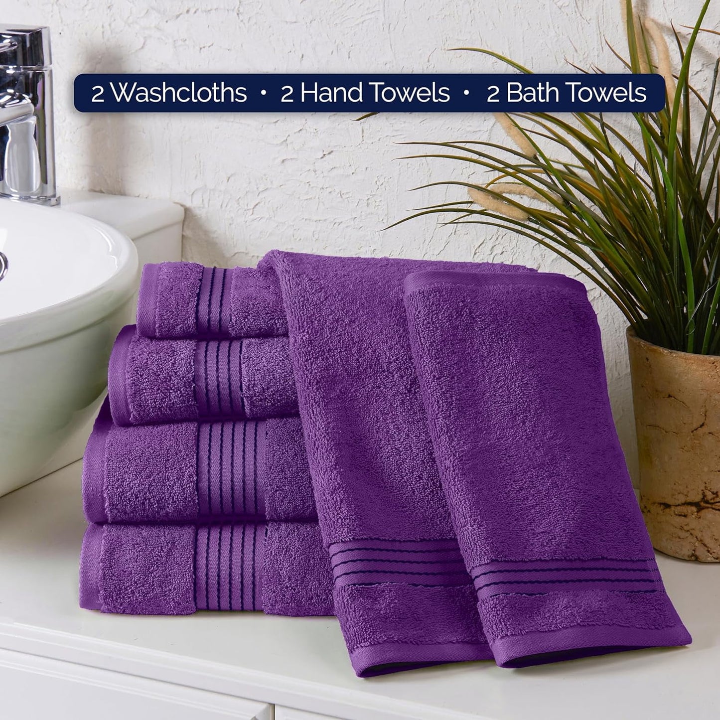 Luxury Spa and Hotel Quality Premium Cotton 6-Piece Towel Set (2 X Bath Towels, 2 X Hand Towels, 2 X Washcloths), Purple