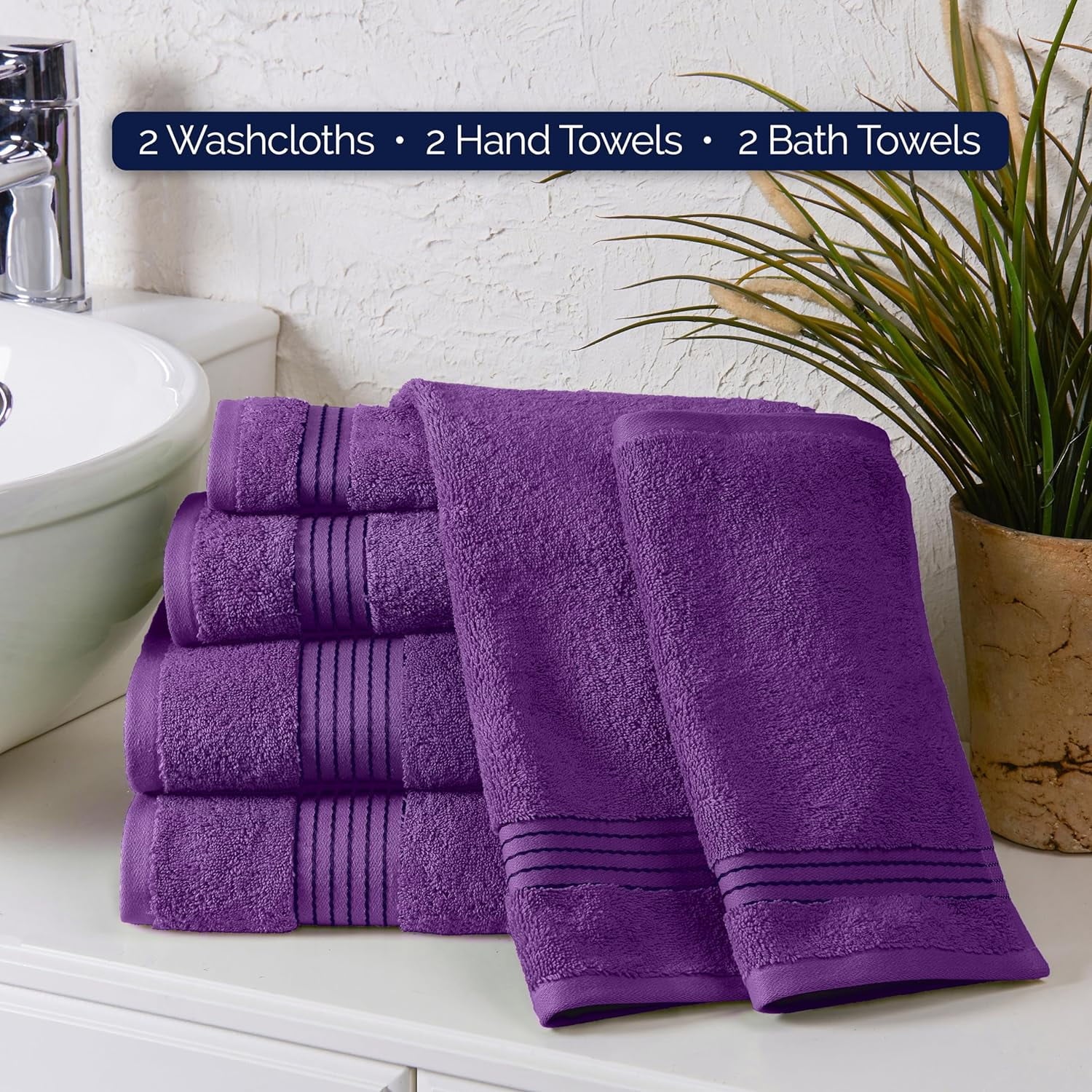 Luxury Spa and Hotel Quality Premium Cotton 6-Piece Towel Set (2 X Bath Towels, 2 X Hand Towels, 2 X Washcloths), Purple