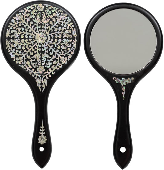 February Mountain Mother-Of-Pearl Hand Mirror – Korean Black Lacquer Mirror with Floral Inlay – Gift for Women, Mom, Wife, Daughter – Birthday, Mother’S Day, Christmas, Anniversary