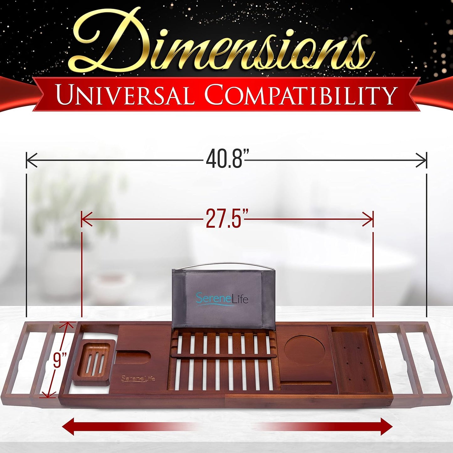 Serenelife Natural Bamboo Bathtub Caddy - Extendable & Adjustable Tray, Ergonomically Designed with Integrated Device/Book Holder with Removable Trays for Bath Accessories (Brown)