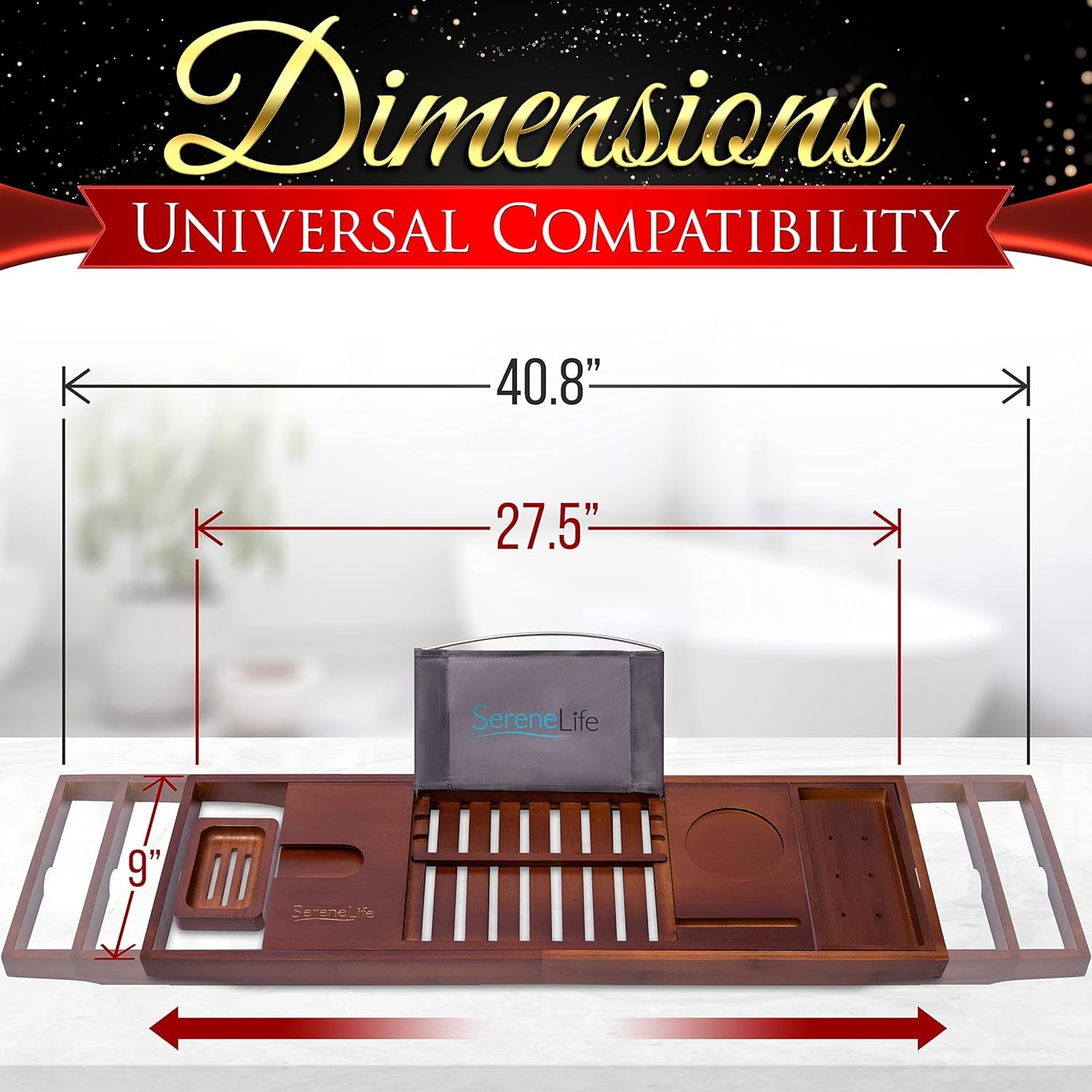 Serenelife Natural Bamboo Bathtub Caddy - Extendable & Adjustable Tray, Ergonomically Designed with Integrated Device/Book Holder with Removable Trays for Bath Accessories (Brown)