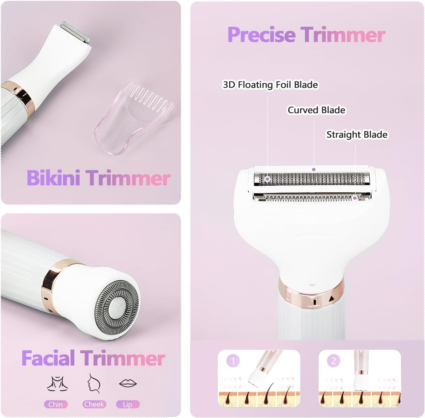 Electric Razors Shavers for Women, Bikini Trimmer 5 in 1 Lady Electric Shaver Razor Wet/Dry Face Razors for Face Nose Eyebrow Arms Armpit Legs Pubic Hair Area Painless Facial Hair Removal for Women