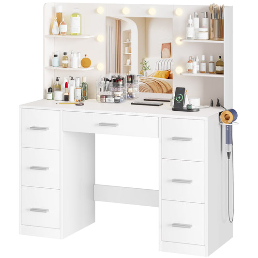 Makeup Vanity Desk with Mirror, Lights & Power Outlet Vanity Table with 7 Drawers and 6 Storage Shelves for Bedroom, White