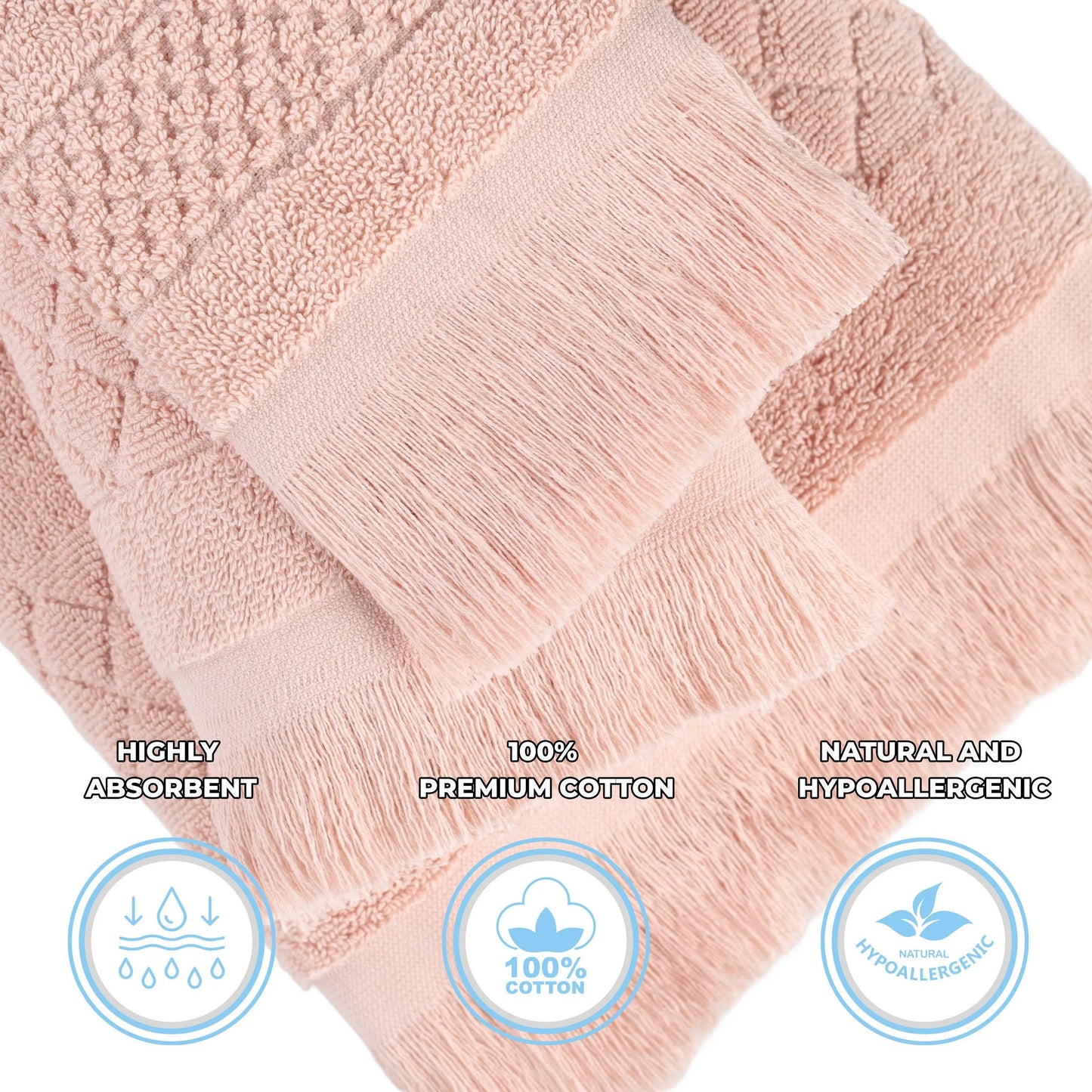 Rolla Cotton Geometric Soft 3 Piece Towel Set, Pink