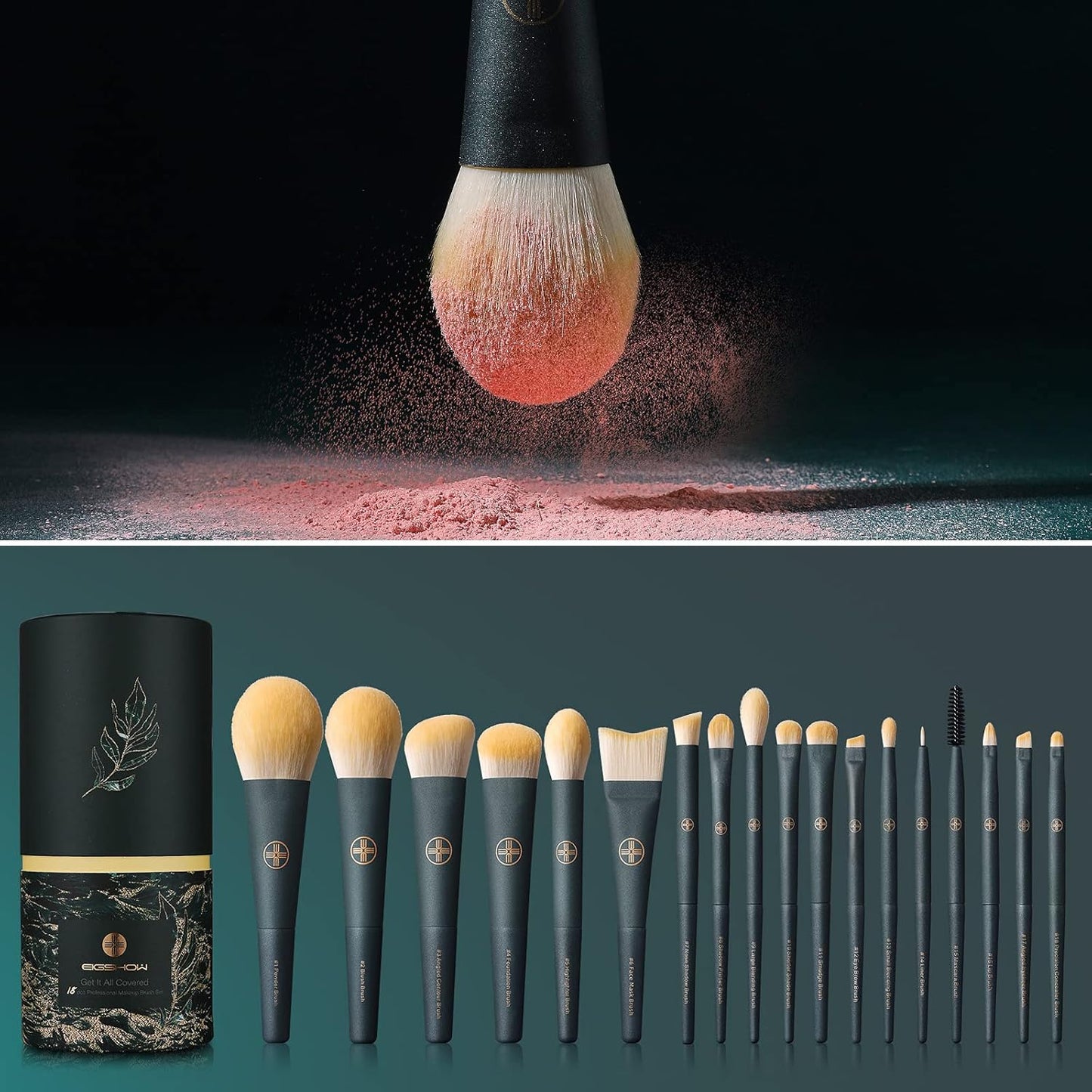 EIGSHOW Makeup Brushes 18Pcs Professional Makeup Brush Travel Set with Eco Cylinder 2Cups Holder, Premium Synthetic Foundation Powder Concealer Blush Blending Eye Lip Brush Kit - Cruelty Free