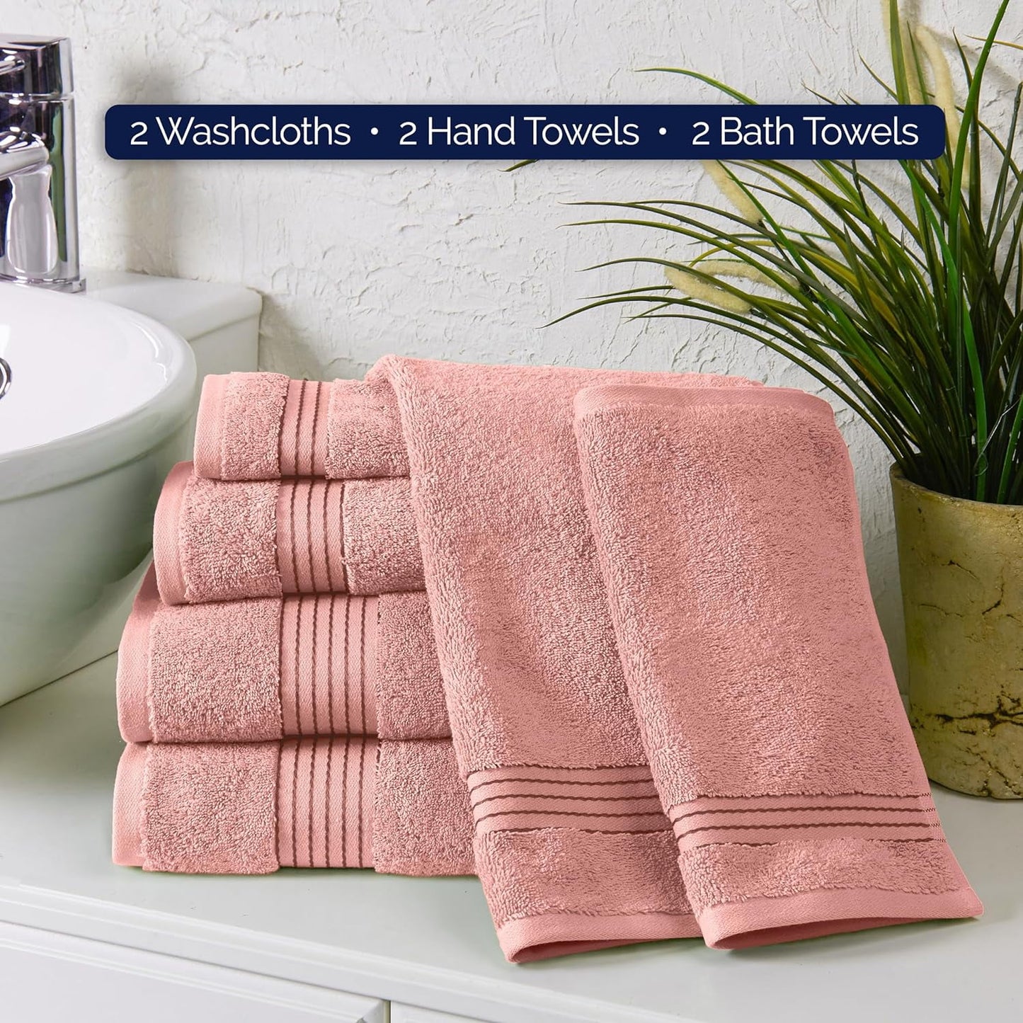 Holiday Gift Cotton 6-Piece Towel Set, Includes 2 Washcloths, 2 Hand Towels and 2 Bath Towels, 100% Turkish Cotton - Highly Absorbent and Super Soft Towels for Bathroom, Dusty Rose