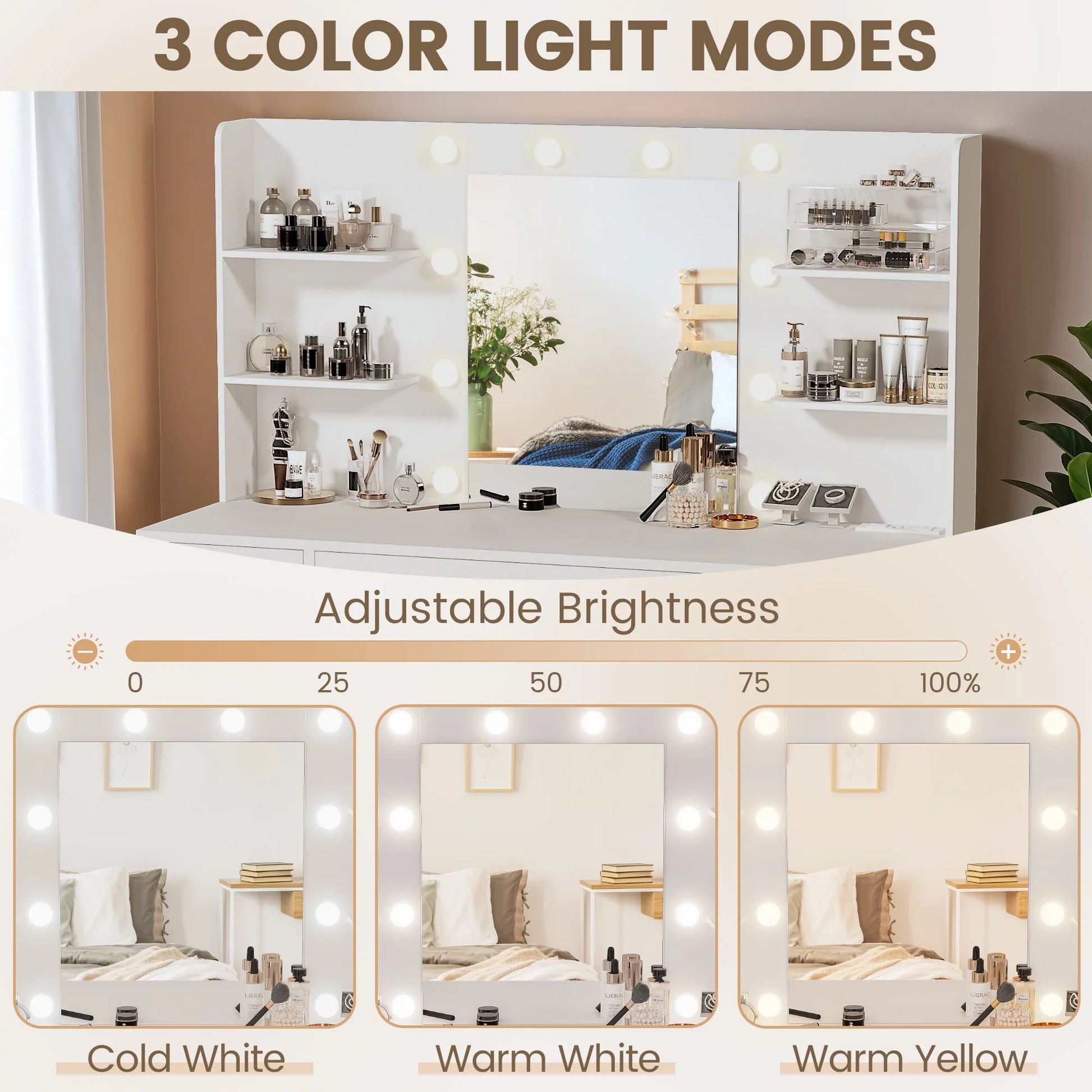 Makeup Vanity Desk with Mirror, Lights & Power Outlet Vanity Table with 7 Drawers and 6 Storage Shelves for Bedroom, White