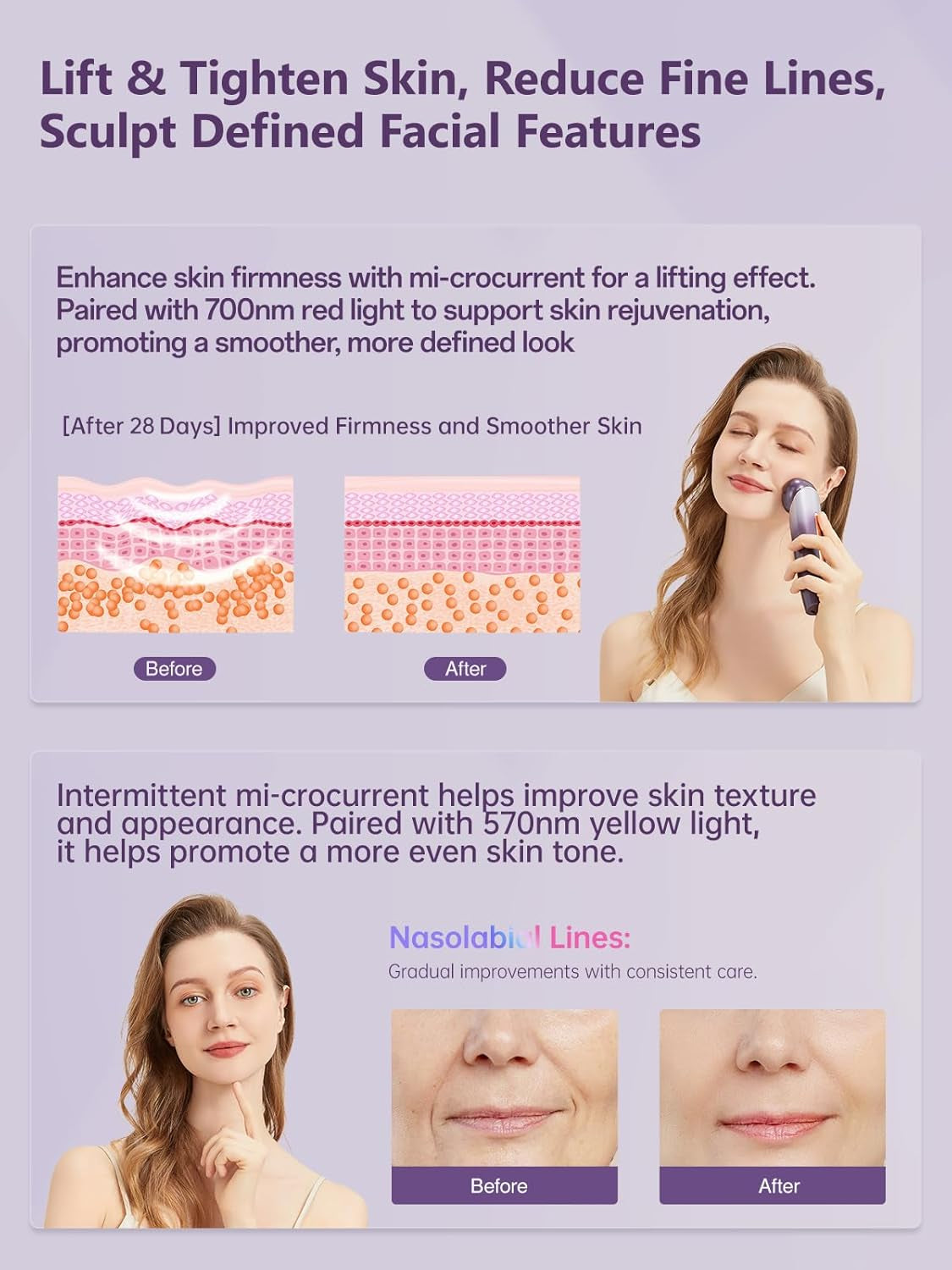 6-In-1 Age-Defying - Eye, Face & Neck Lift & Firm, 5-Color Light Therapy for Face with Microcurrent, Vibration, Heat & Cooling, Skin Care Tool for Youthful & Tightening Skin (Purple)