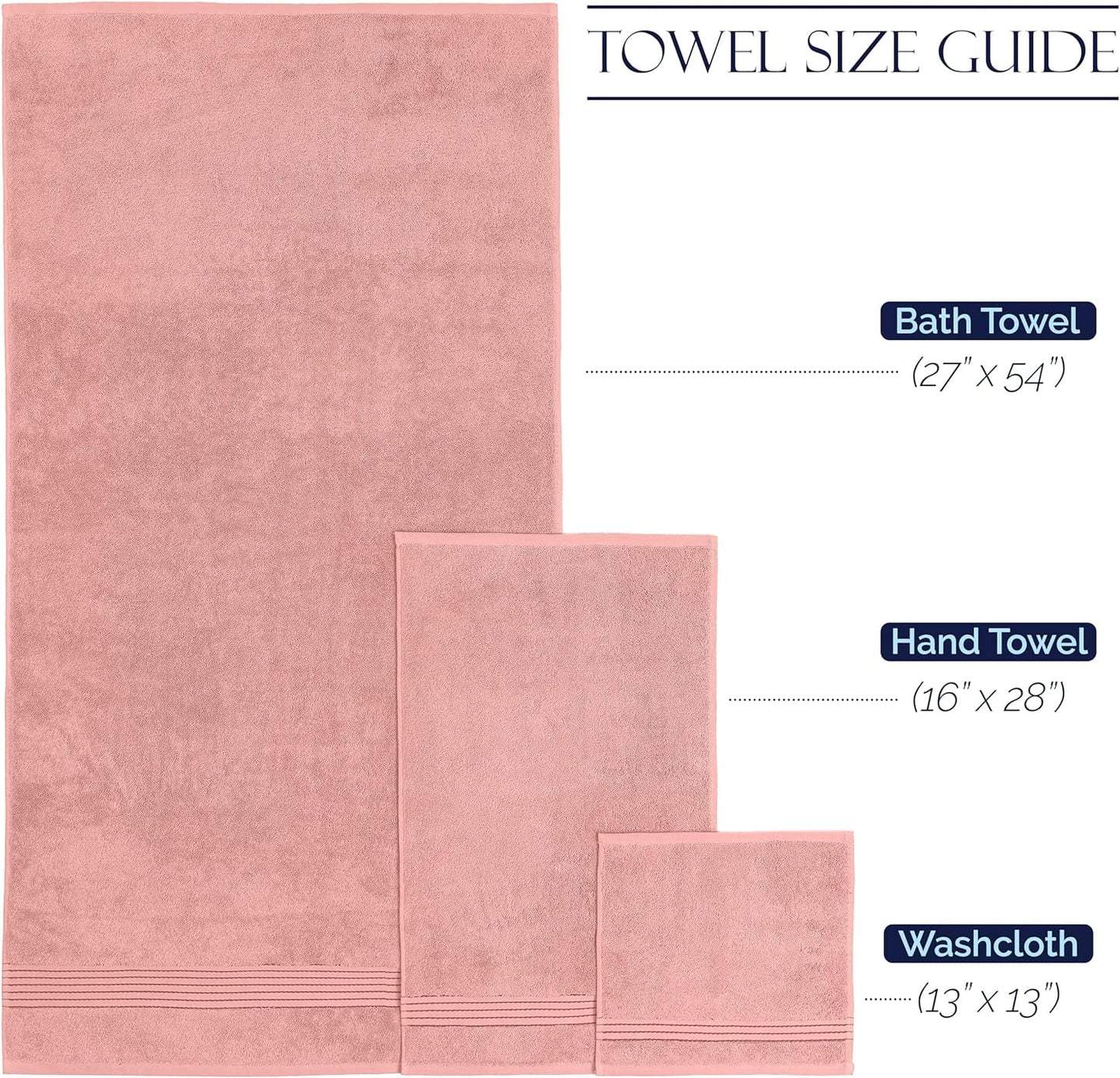 Holiday Gift Cotton 6-Piece Towel Set, Includes 2 Washcloths, 2 Hand Towels and 2 Bath Towels, 100% Turkish Cotton - Highly Absorbent and Super Soft Towels for Bathroom, Dusty Rose