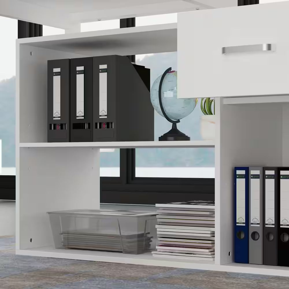 55.1" W : L-Shaped White Finish 1-Drawer Wooden Commercial Writing Desk with Open Shelves and Eco-Friendly Paint Finish