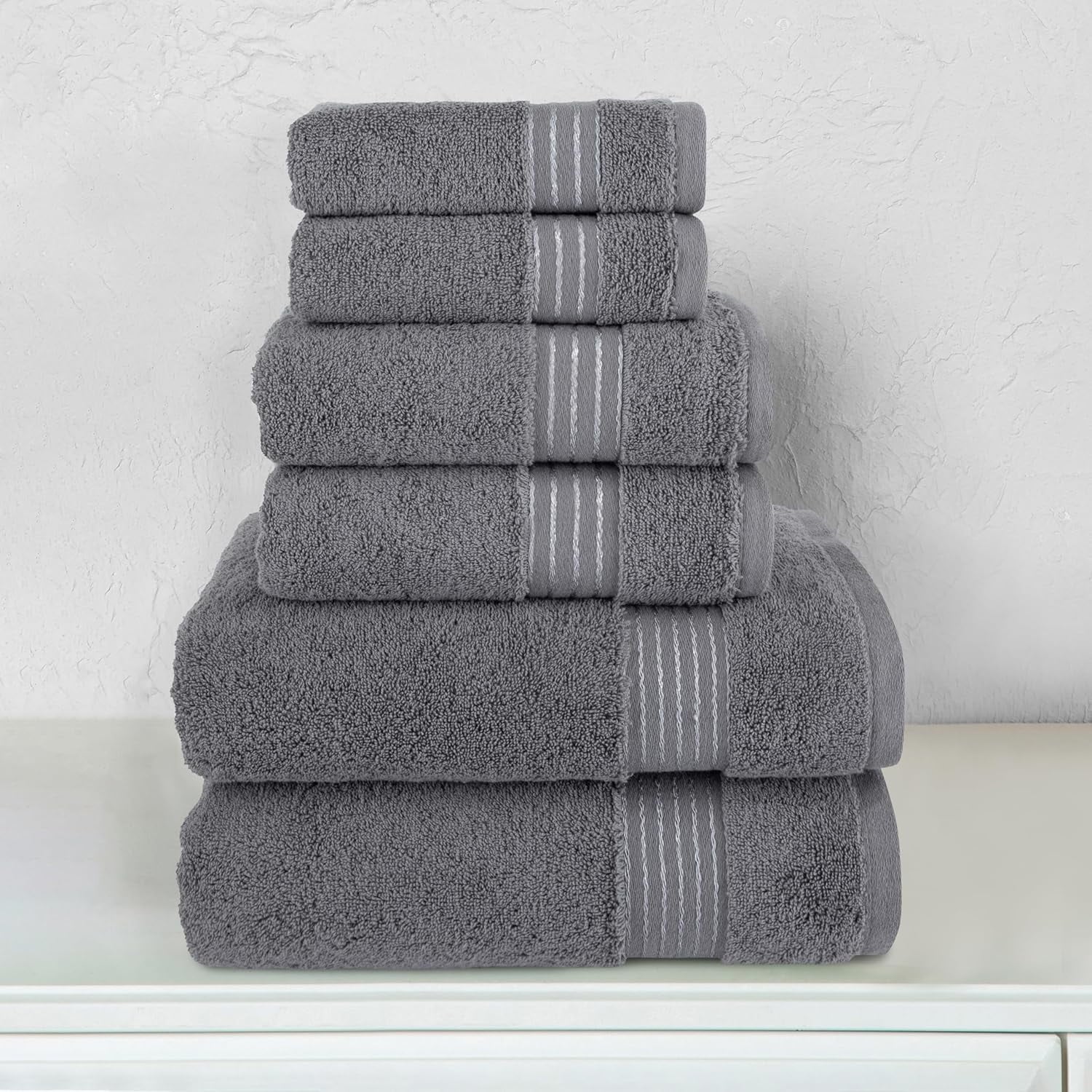 100% Cotton Luxury Bathroom Towels Set, Quick Dry, 2 Bath Towels, 2 Hand Towels, 2 Wash Cloths - 6 Piece Set, Grey