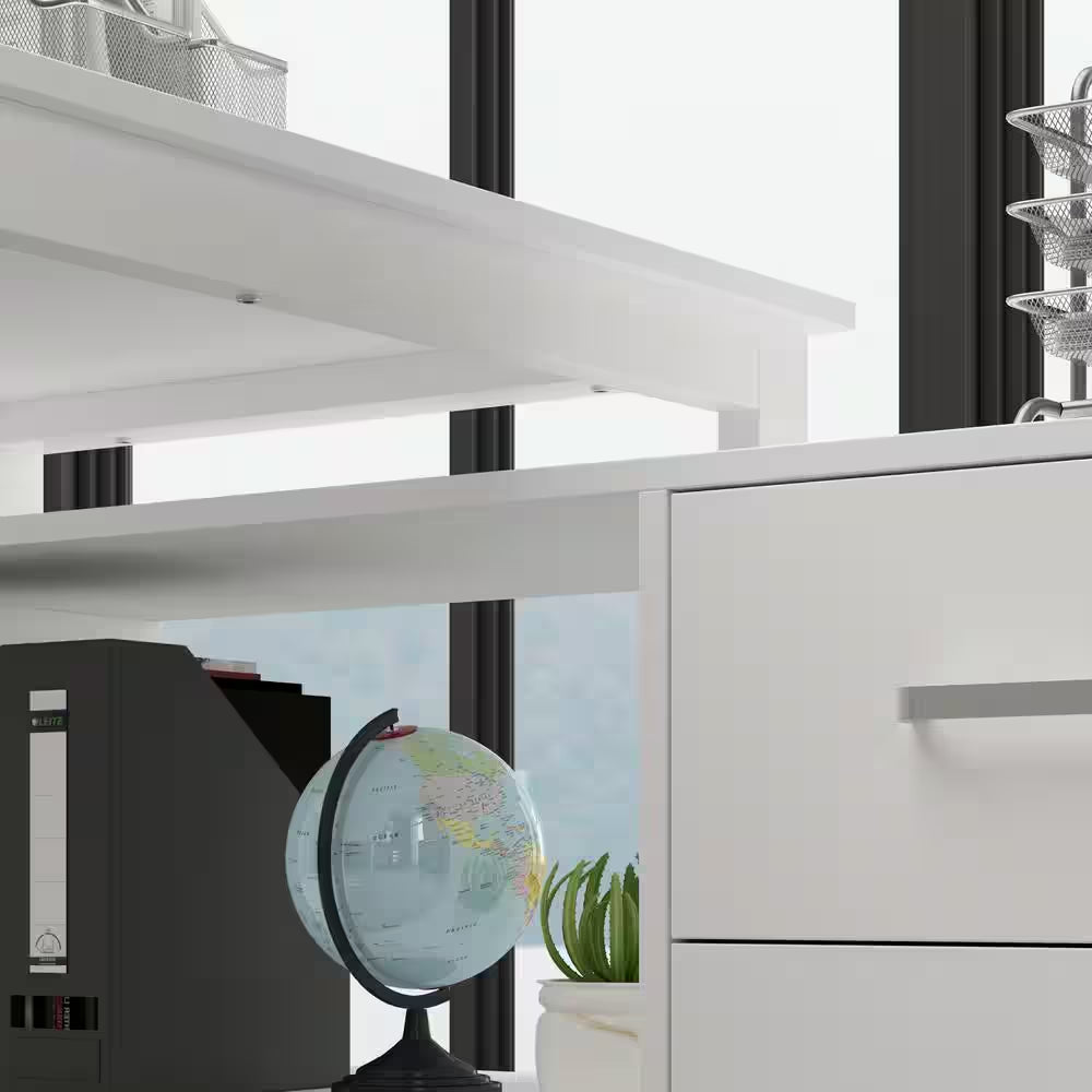 55.1" W : L-Shaped White Finish 1-Drawer Wooden Commercial Writing Desk with Open Shelves and Eco-Friendly Paint Finish