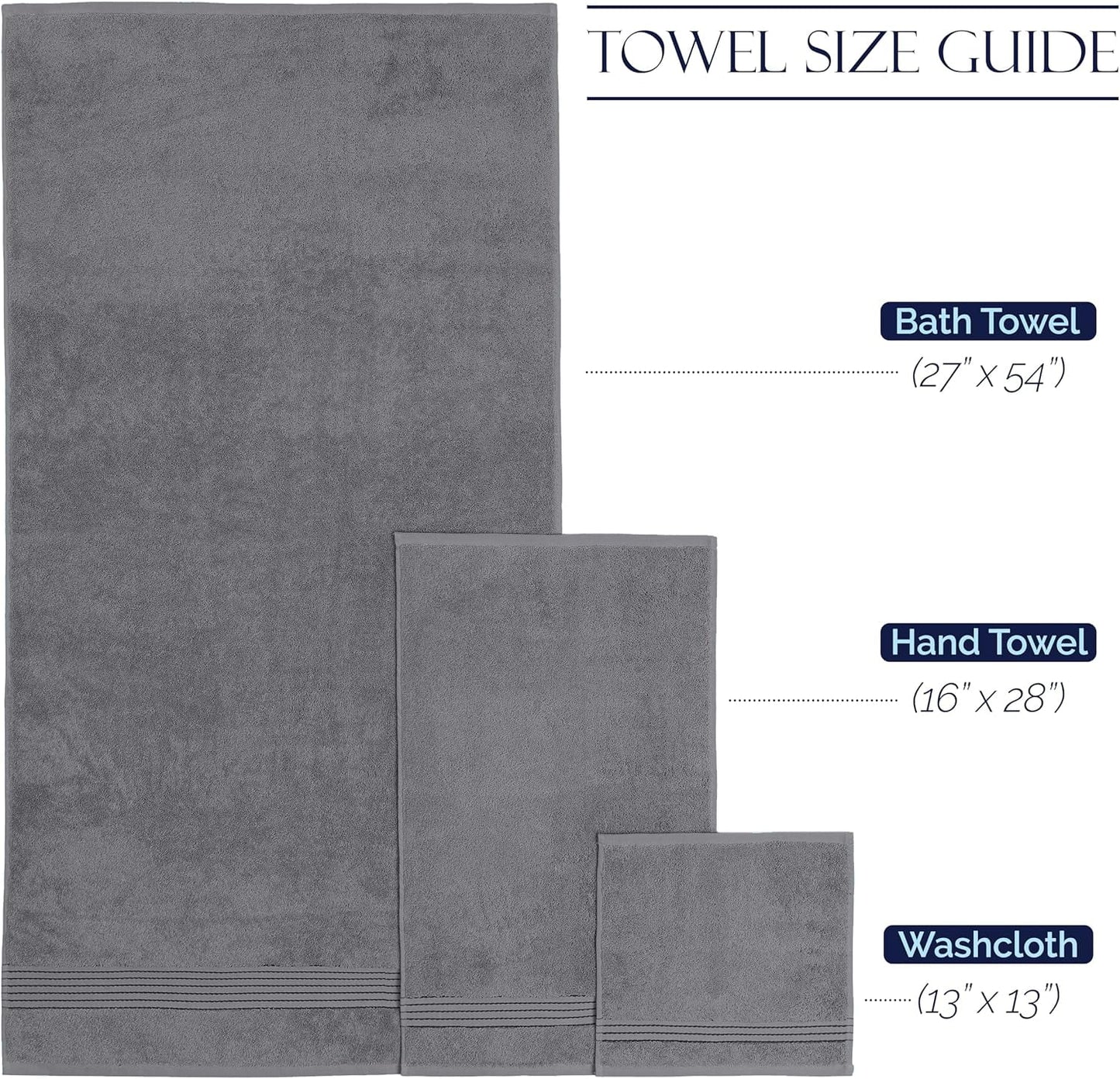 100% Cotton Luxury Bathroom Towels Set, Quick Dry, 2 Bath Towels, 2 Hand Towels, 2 Wash Cloths - 6 Piece Set, Grey