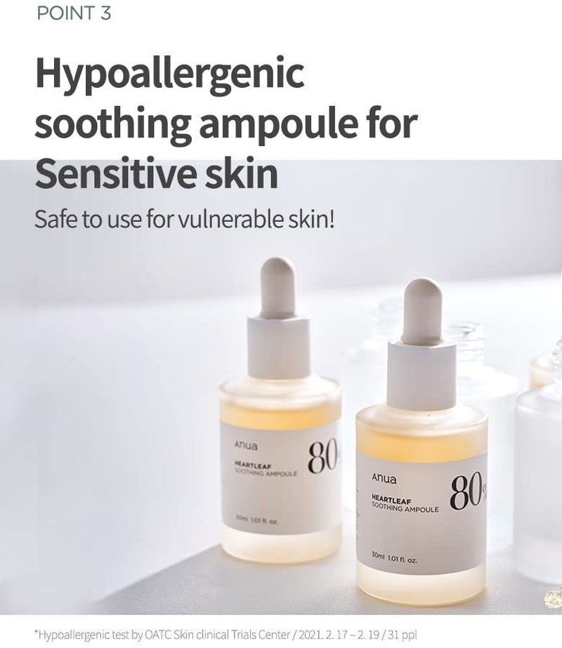 Anua Heartleaf 80 Soothing Ampoule, Hydration Facial Serum for Glass Skin, Panthenol, Hyaluronic Acid, Non-Greasy, Gentle Formula, Lightweight Essence, Vegan, Korean Skin Care, 30Ml/1.01 Fl.Oz