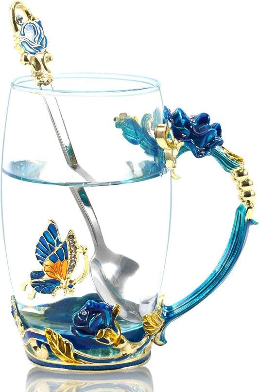 Handmade Enamel Teacup Set with Floral & Butterfly Design — The Perfect Gift for Tea Lovers