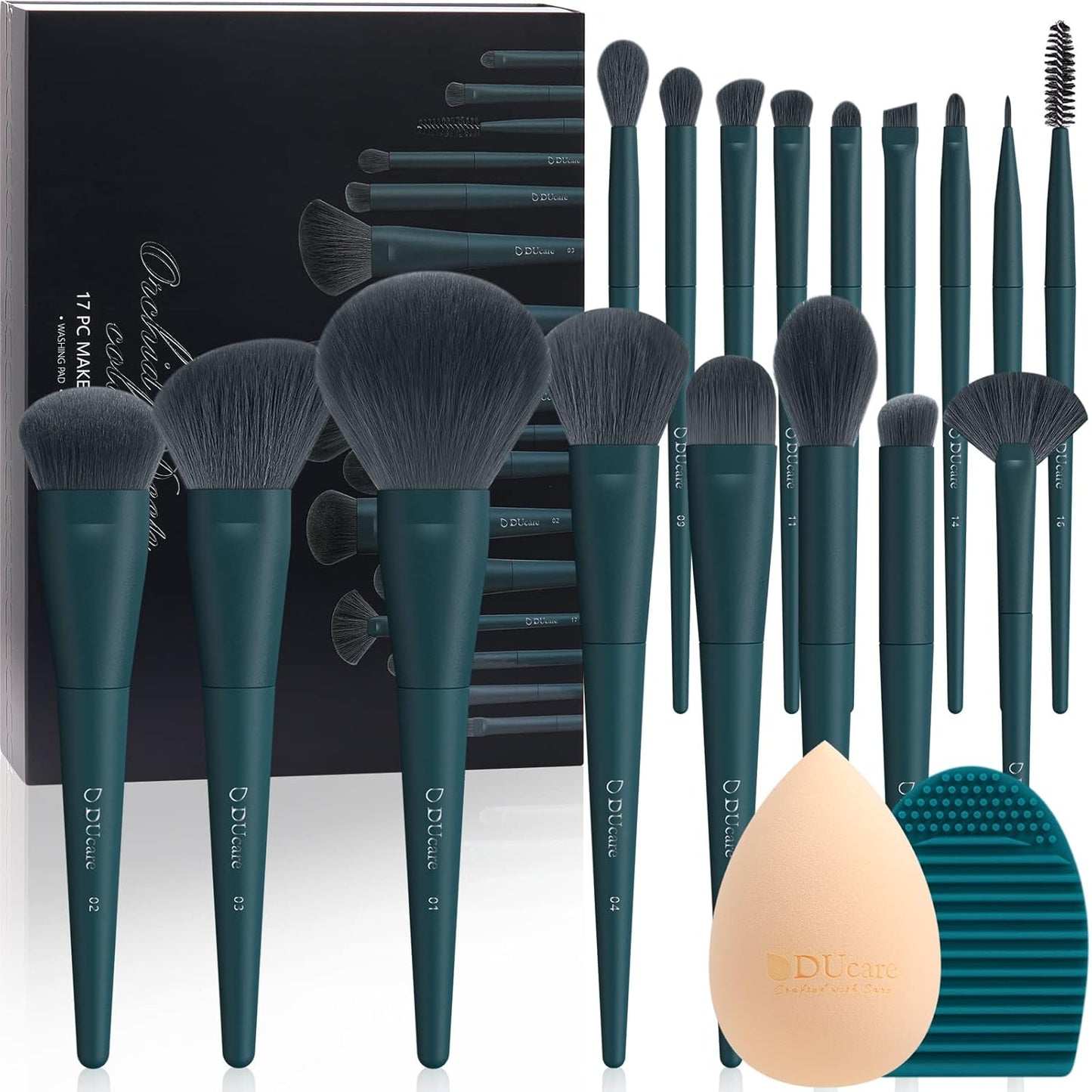 Ducare Christmas Makeup Brushes Set 17 Pcs with Brush Cleaning Mat and Makeup Sponge Professional Face Powder Eye Shadow Powder Liquid Cream