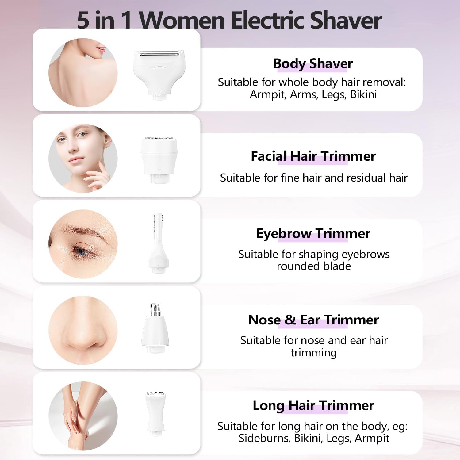 Electric Razors Shavers for Women, Bikini Trimmer 5 in 1 Lady Electric Shaver Razor Wet/Dry Face Razors for Face Nose Eyebrow Arms Armpit Legs Pubic Hair Area Painless Facial Hair Removal for Women