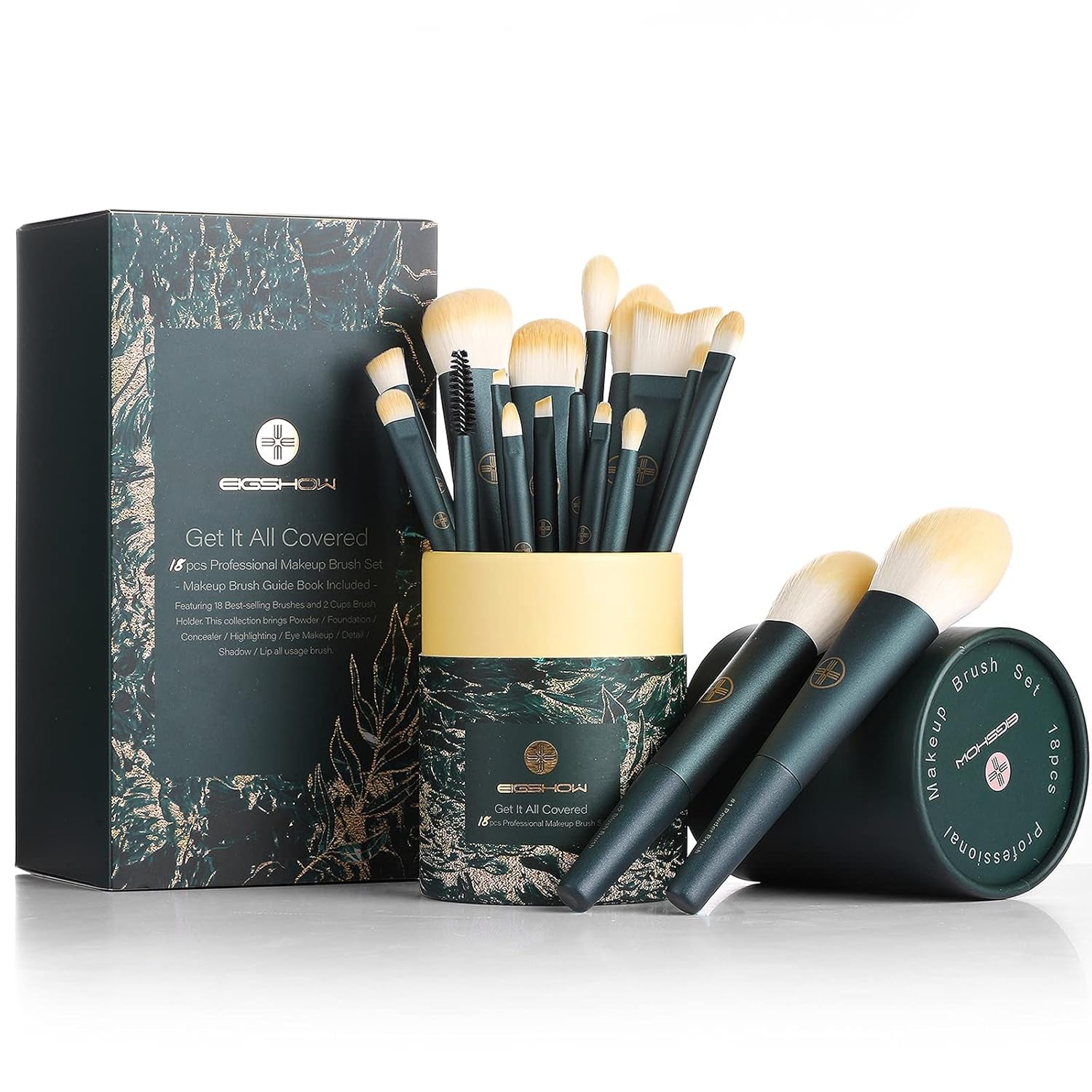 EIGSHOW Makeup Brushes 18Pcs Professional Makeup Brush Travel Set with Eco Cylinder 2Cups Holder, Premium Synthetic Foundation Powder Concealer Blush Blending Eye Lip Brush Kit - Cruelty Free