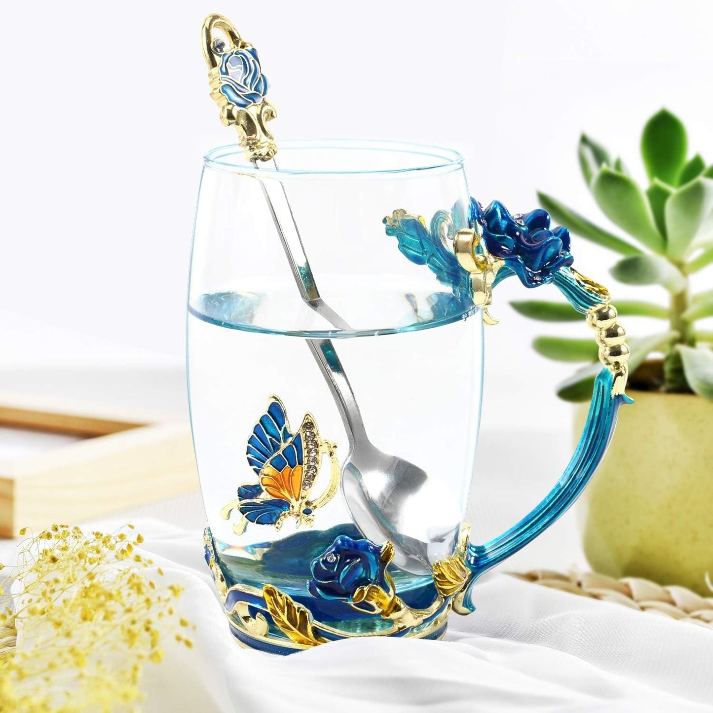 Handmade Enamel Teacup Set with Floral & Butterfly Design — The Perfect Gift for Tea Lovers