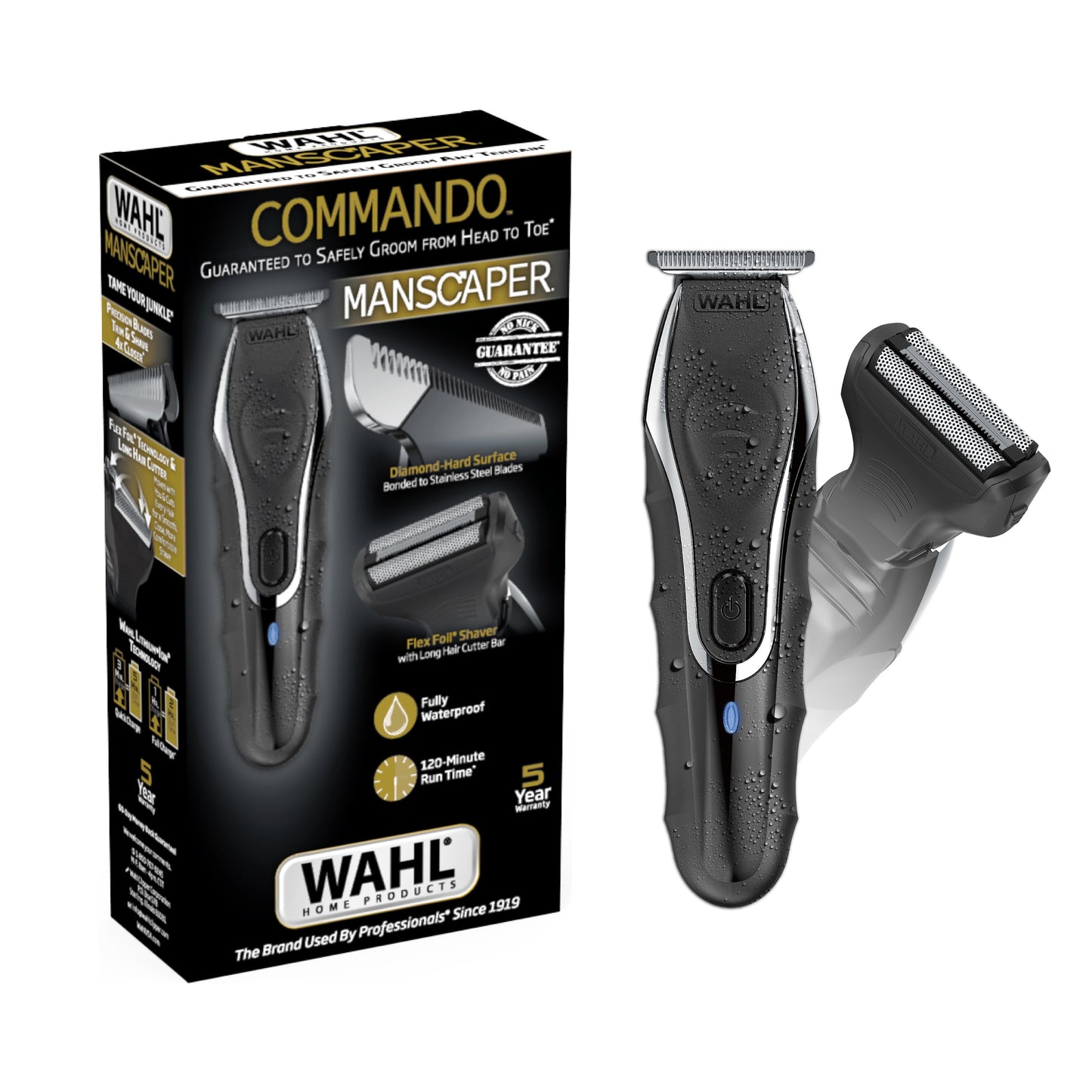 Commando Cordless Rechargeable Manscaper Wet/Dry Trimmer - Body Groomer for Men, Black 3024497