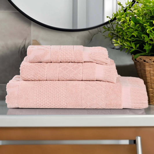 Rolla Cotton Geometric Soft 3 Piece Towel Set, Pink