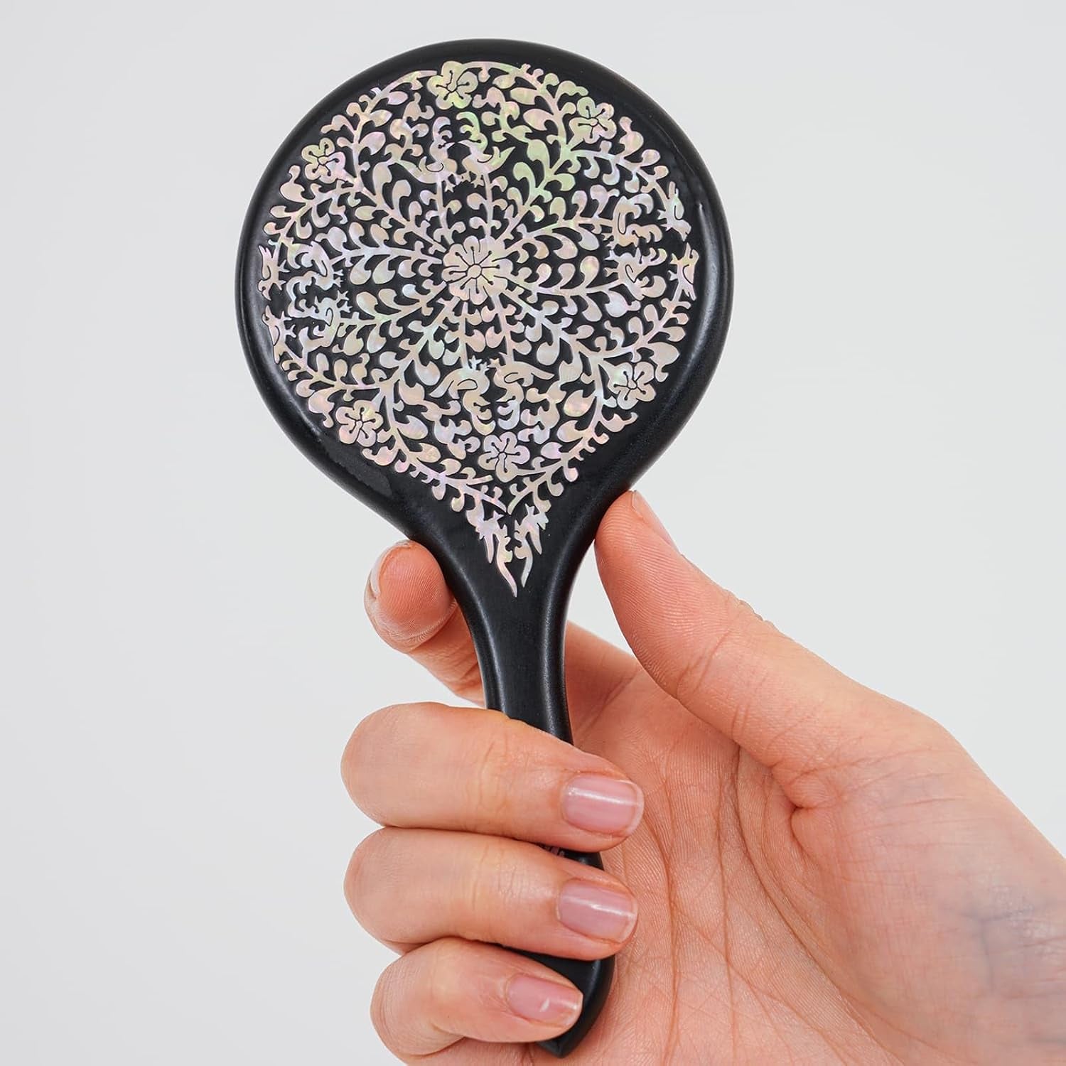 February Mountain Mother-Of-Pearl Hand Mirror – Korean Black Lacquer Mirror with Floral Inlay – Gift for Women, Mom, Wife, Daughter – Birthday, Mother’S Day, Christmas, Anniversary