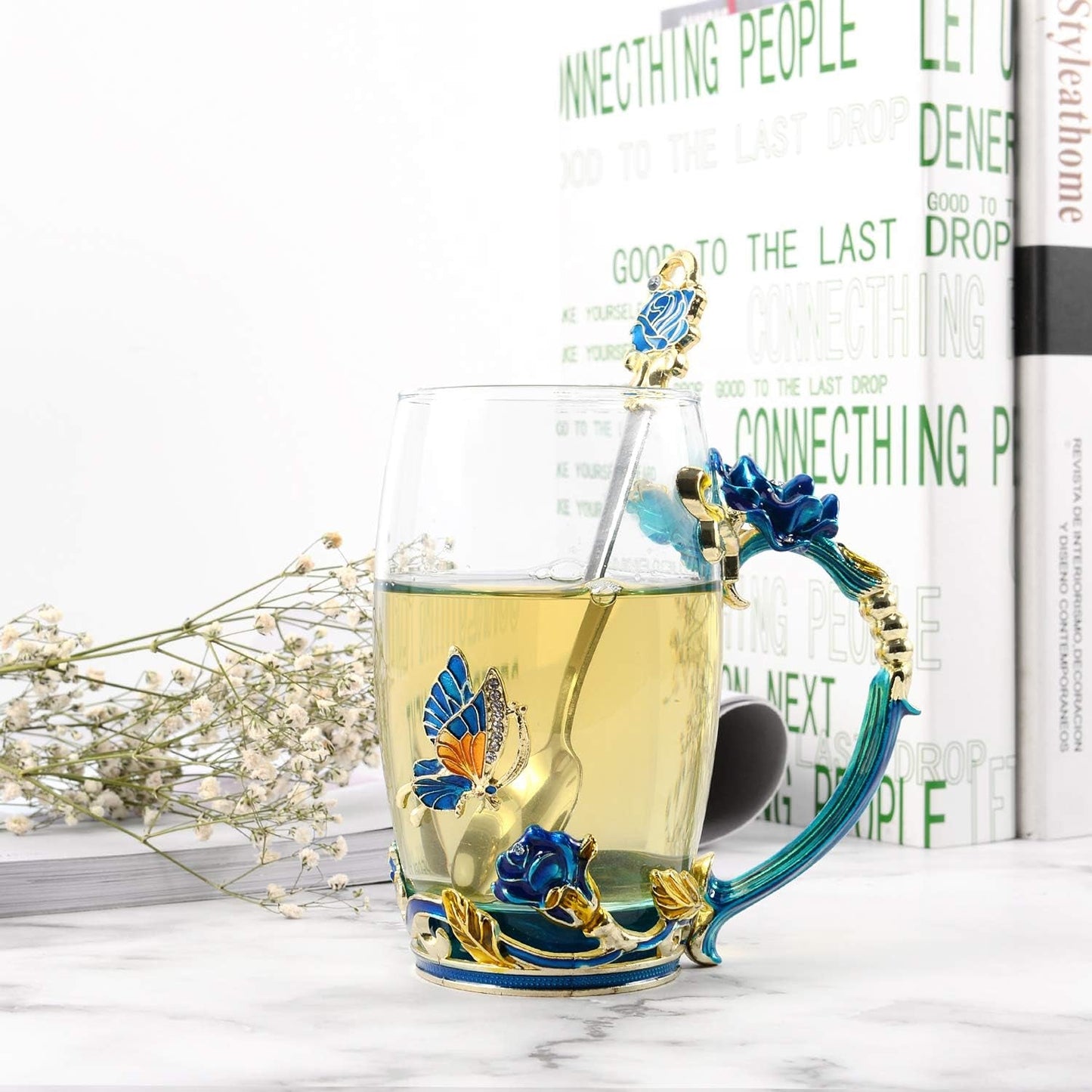 Handmade Enamel Teacup Set with Floral & Butterfly Design — The Perfect Gift for Tea Lovers