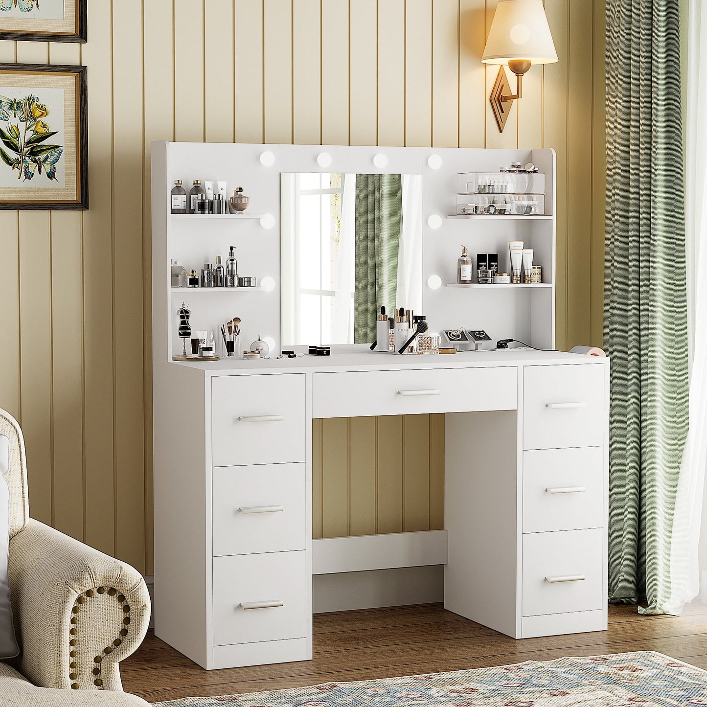Makeup Vanity Desk with Mirror, Lights & Power Outlet Vanity Table with 7 Drawers and 6 Storage Shelves for Bedroom, White
