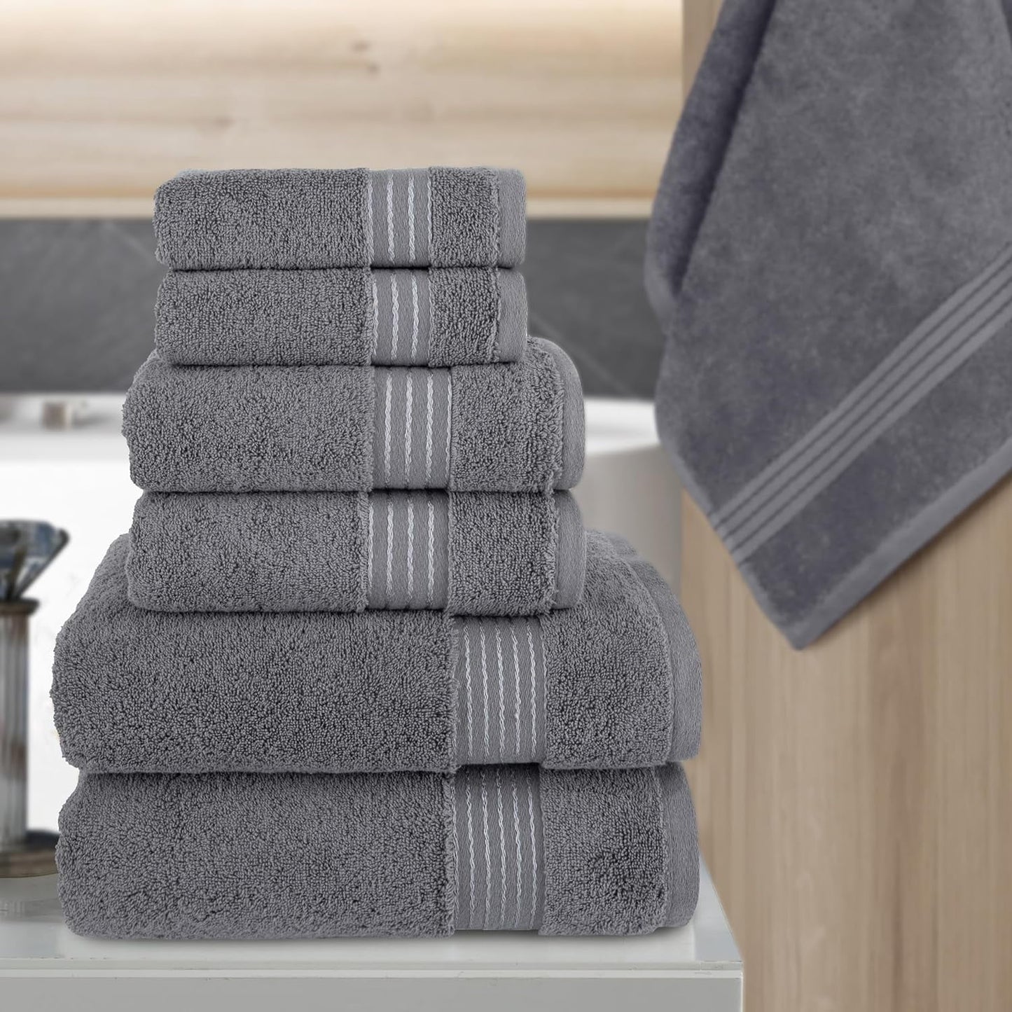 100% Cotton Luxury Bathroom Towels Set, Quick Dry, 2 Bath Towels, 2 Hand Towels, 2 Wash Cloths - 6 Piece Set, Grey