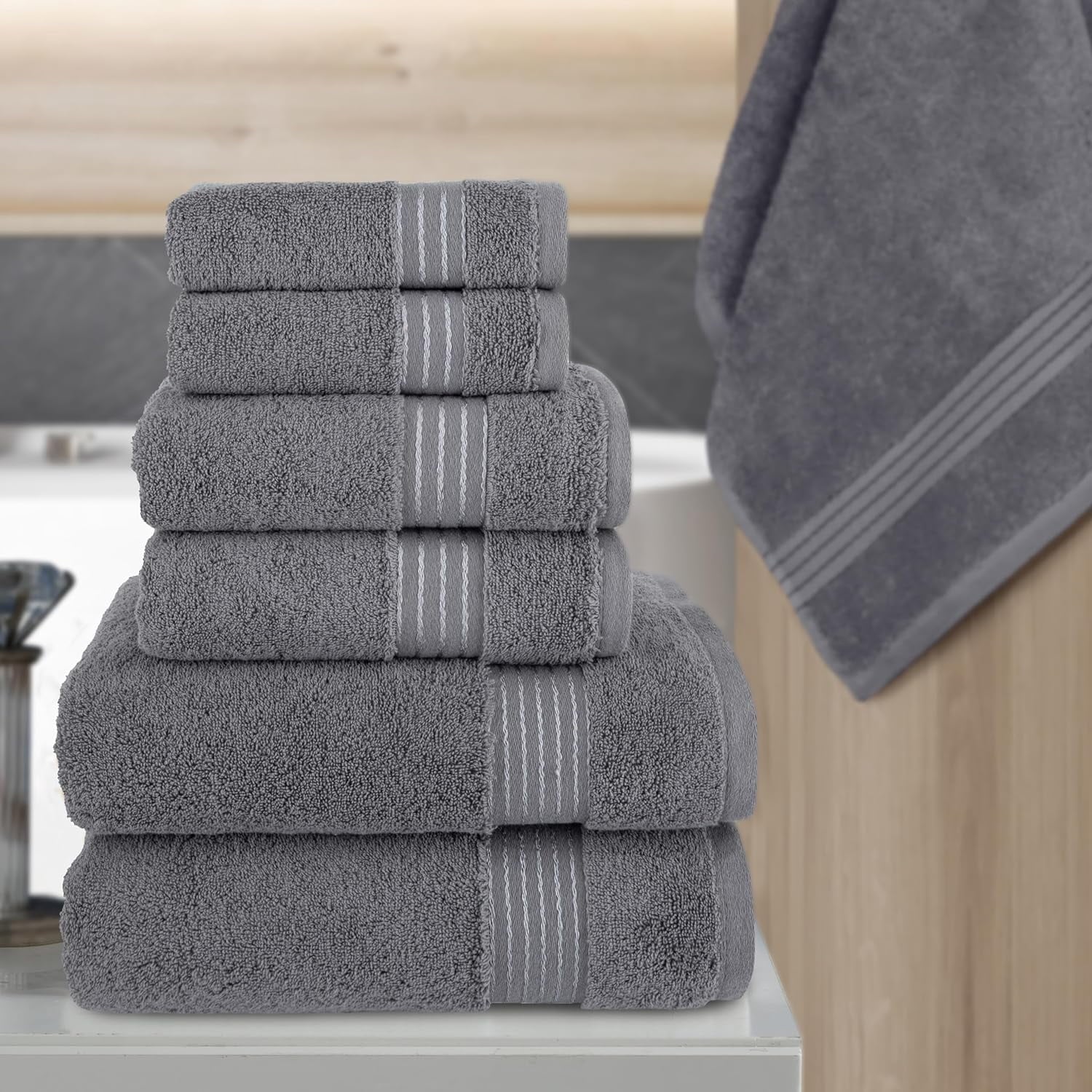 100% Cotton Luxury Bathroom Towels Set, Quick Dry, 2 Bath Towels, 2 Hand Towels, 2 Wash Cloths - 6 Piece Set, Grey