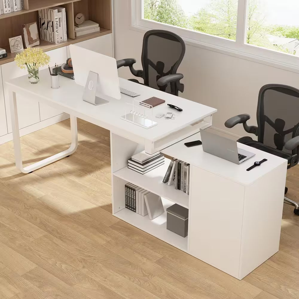55.1" W : L-Shaped White Finish 1-Drawer Wooden Commercial Writing Desk with Open Shelves and Eco-Friendly Paint Finish