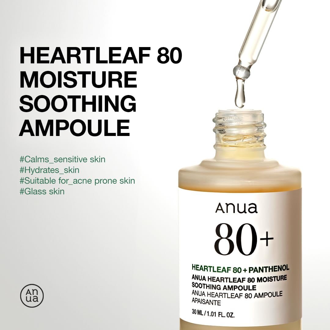 Anua Heartleaf 80 Soothing Ampoule, Hydration Facial Serum for Glass Skin, Panthenol, Hyaluronic Acid, Non-Greasy, Gentle Formula, Lightweight Essence, Vegan, Korean Skin Care, 30Ml/1.01 Fl.Oz