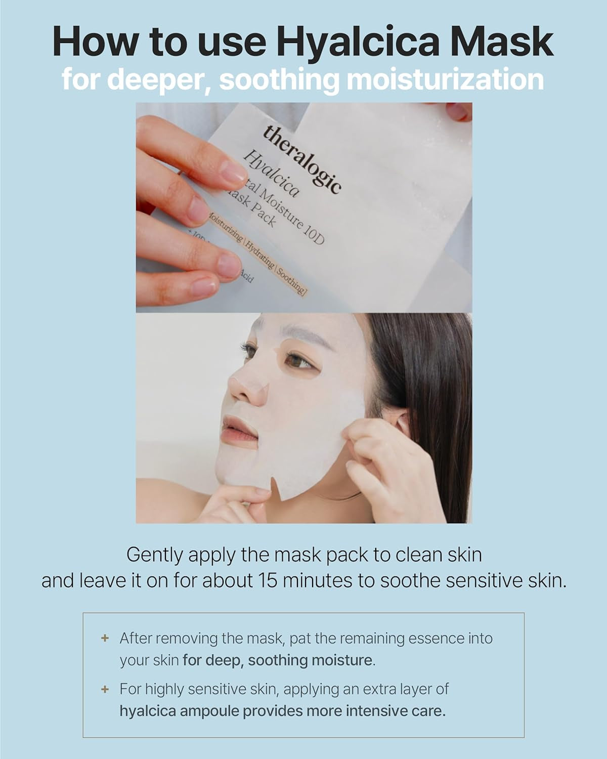 Hyalcica Total Moisture 10D Mask - Vegan Korean Moisturizing Face Mask Sheet with 10 Hyaluronic Acid and Cica - Non Sticky Refreshing - Derma Tested, 10 Sheets