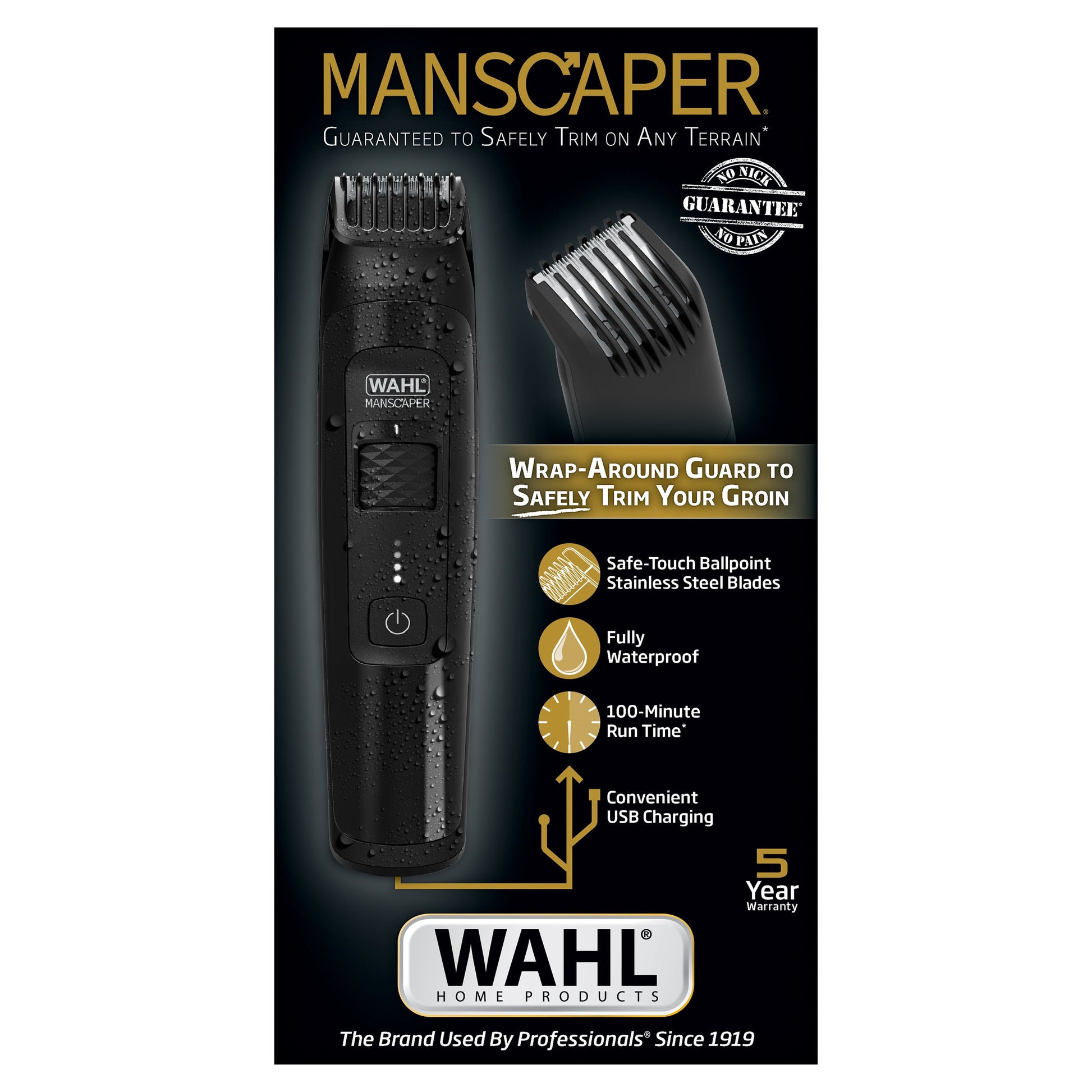 Manscaper Rechargeable Body Groomer for Men, Waterproof, Lithium Ion Battery, 1Pc, Black - 5618-100