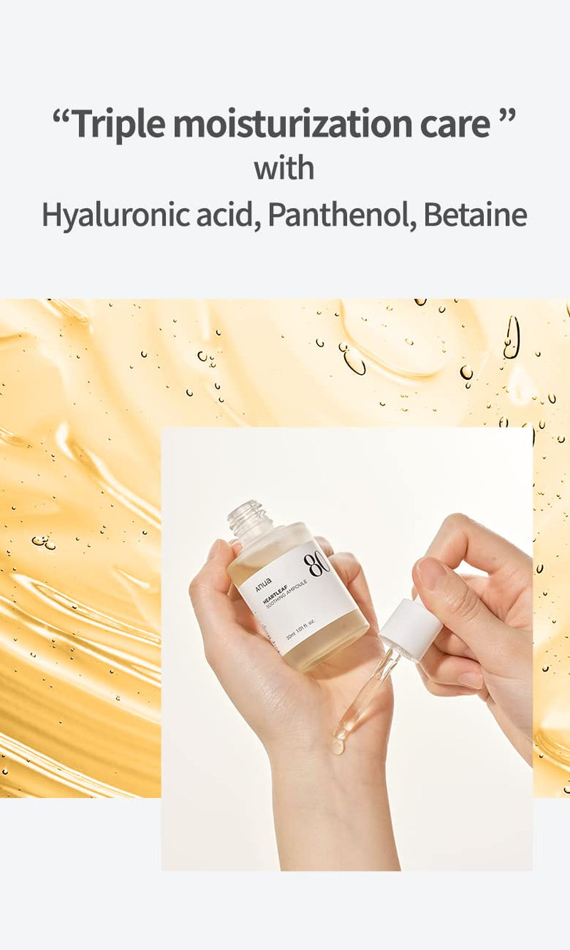 Anua Heartleaf 80 Soothing Ampoule, Hydration Facial Serum for Glass Skin, Panthenol, Hyaluronic Acid, Non-Greasy, Gentle Formula, Lightweight Essence, Vegan, Korean Skin Care, 30Ml/1.01 Fl.Oz