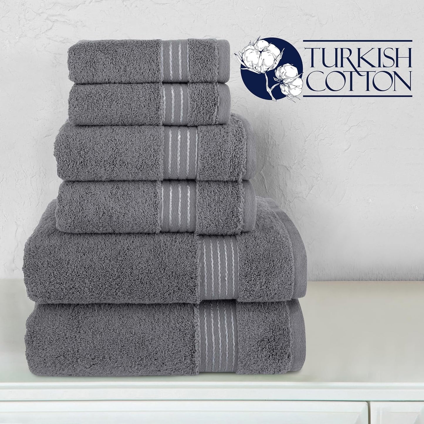 100% Cotton Luxury Bathroom Towels Set, Quick Dry, 2 Bath Towels, 2 Hand Towels, 2 Wash Cloths - 6 Piece Set, Grey