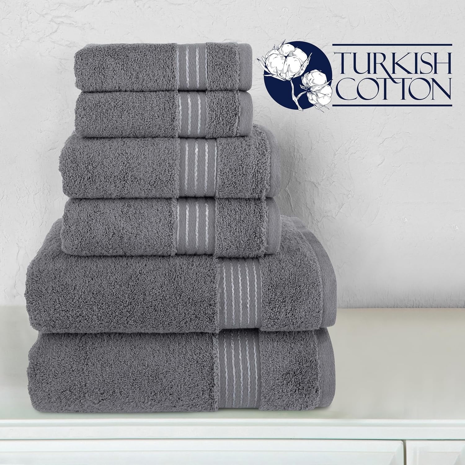 100% Cotton Luxury Bathroom Towels Set, Quick Dry, 2 Bath Towels, 2 Hand Towels, 2 Wash Cloths - 6 Piece Set, Grey