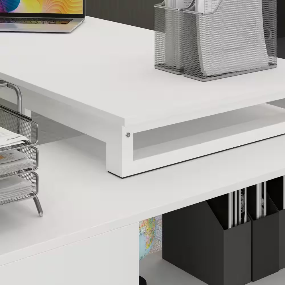 55.1" W : L-Shaped White Finish 1-Drawer Wooden Commercial Writing Desk with Open Shelves and Eco-Friendly Paint Finish