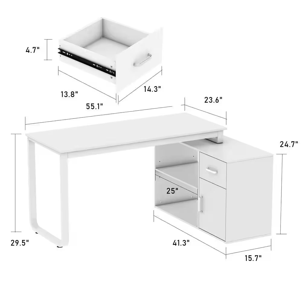 55.1" W : L-Shaped White Finish 1-Drawer Wooden Commercial Writing Desk with Open Shelves and Eco-Friendly Paint Finish