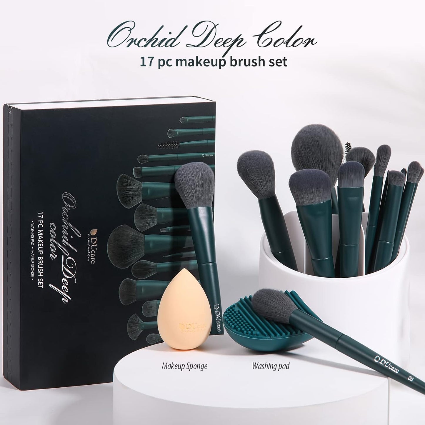 Ducare Christmas Makeup Brushes Set 17 Pcs with Brush Cleaning Mat and Makeup Sponge Professional Face Powder Eye Shadow Powder Liquid Cream