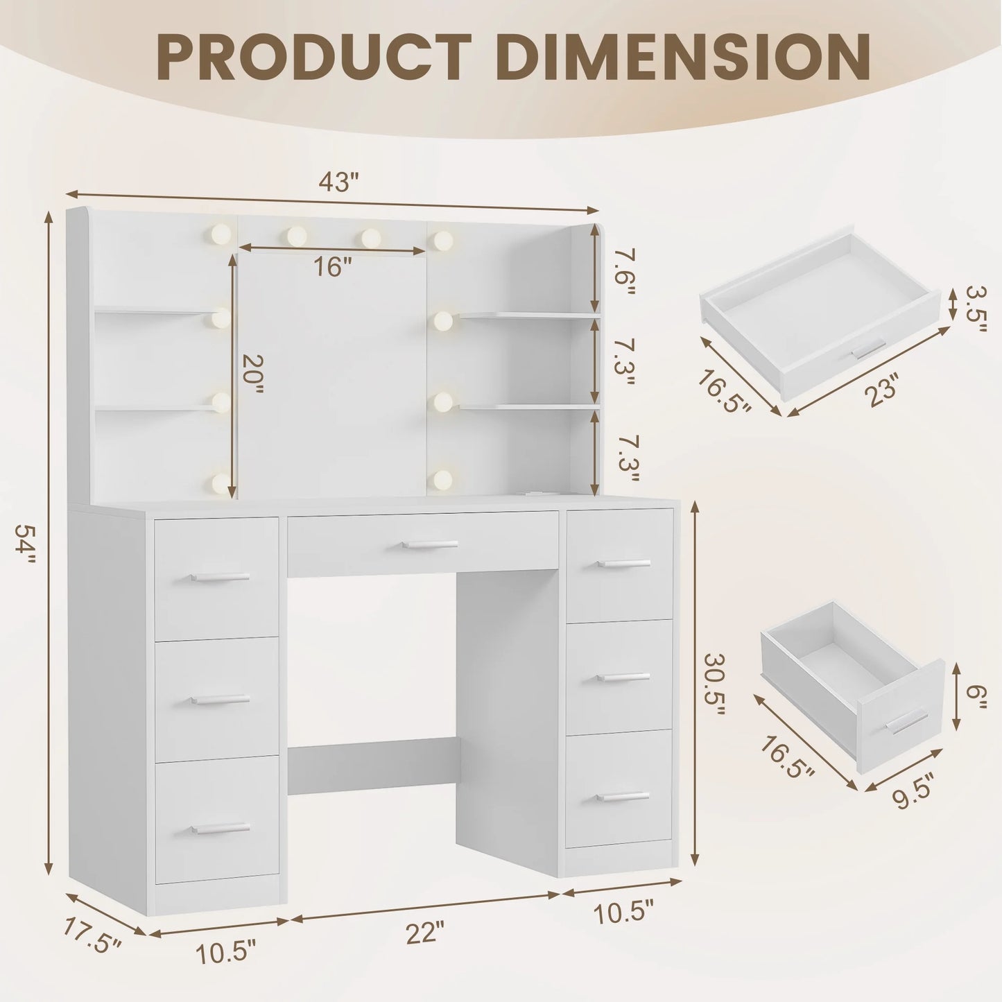 Makeup Vanity Desk with Mirror, Lights & Power Outlet Vanity Table with 7 Drawers and 6 Storage Shelves for Bedroom, White